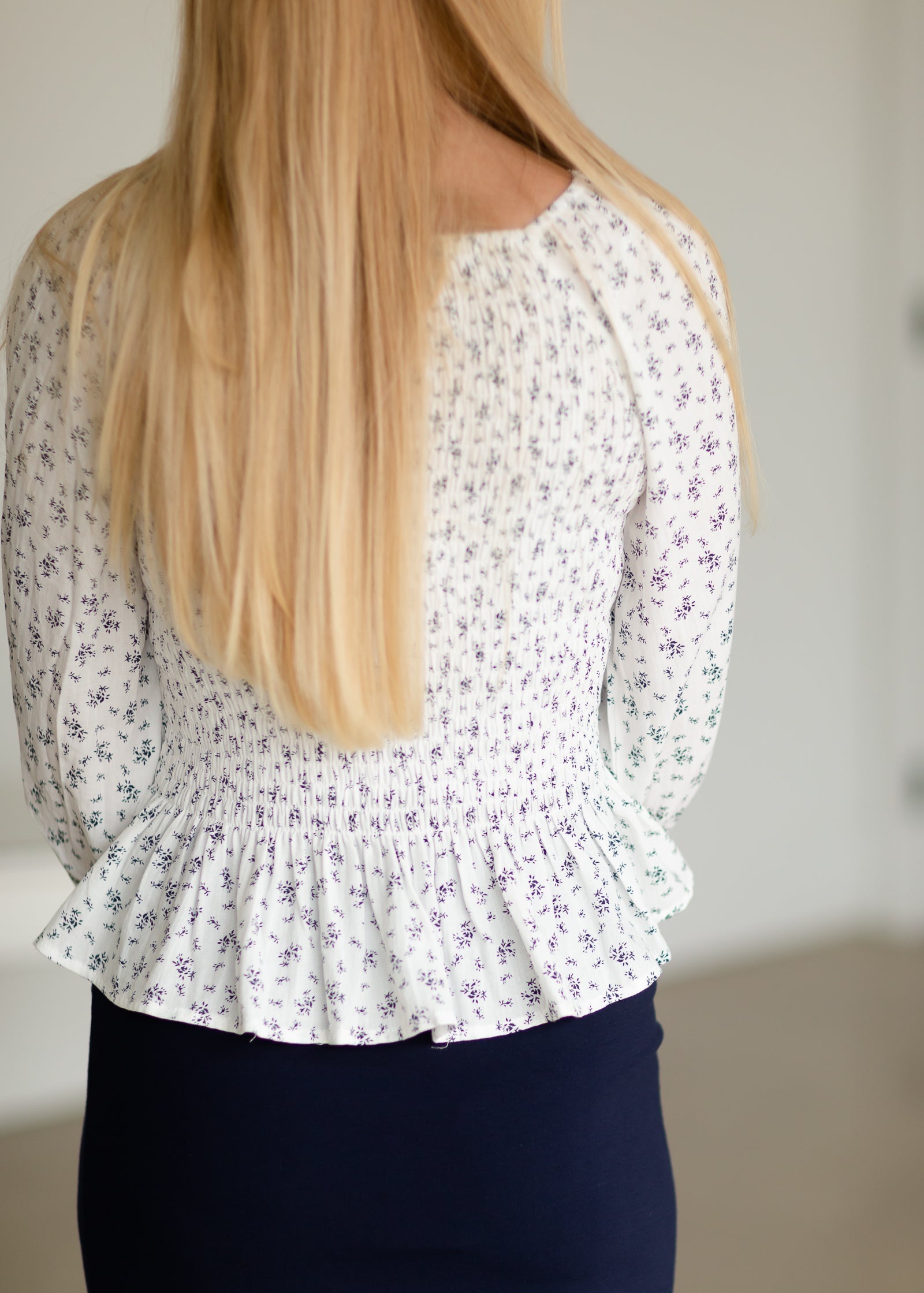 Ivory Floral Smocked Blouse Tops