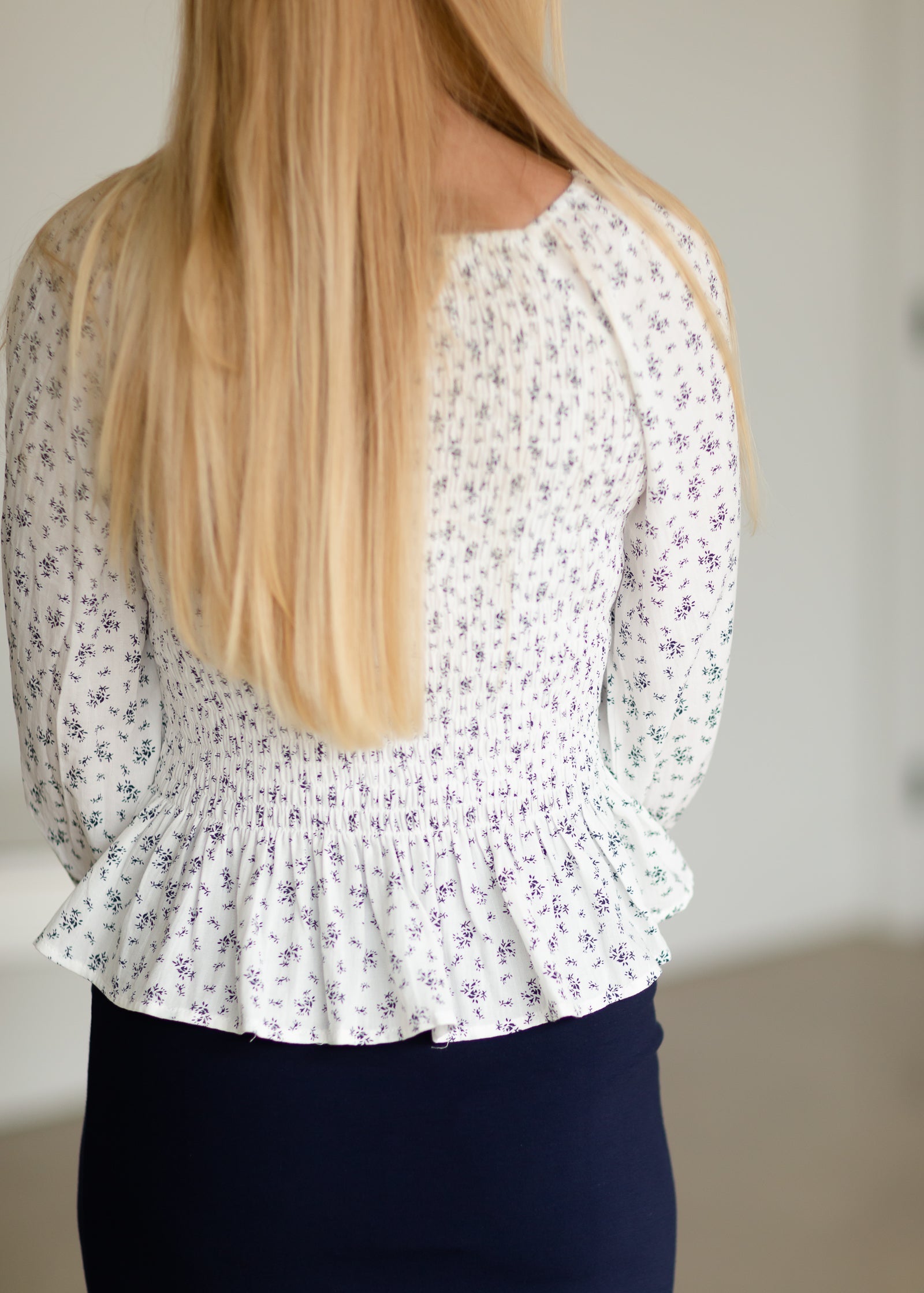 Ivory Floral Smocked Blouse Tops