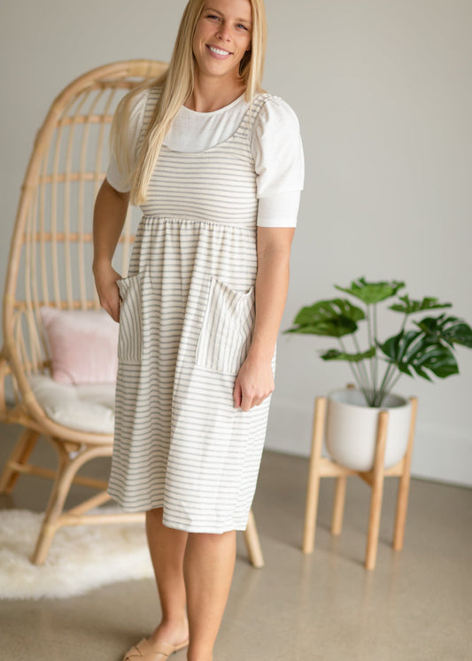 Ivory + Gray Sleeveless Striped Knit Midi Dress - FINAL SALE Dresses
