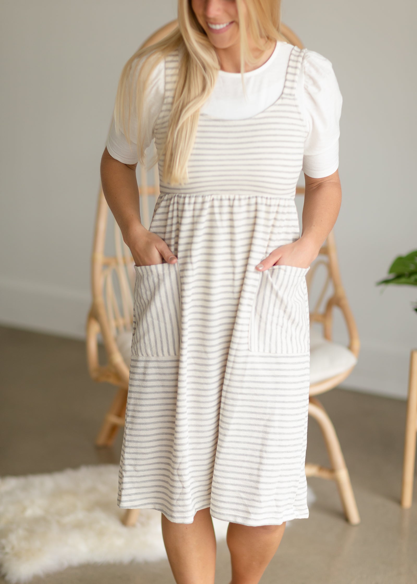 Ivory + Gray Sleeveless Striped Knit Midi Dress - FINAL SALE Dresses