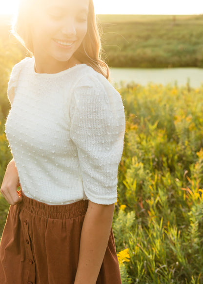 Ivory Puff Sleeve Pom Pom Sweater - FINAL SALE Tops