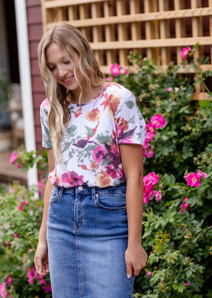 Ivory Round Neck Basic Floral Tee Tops