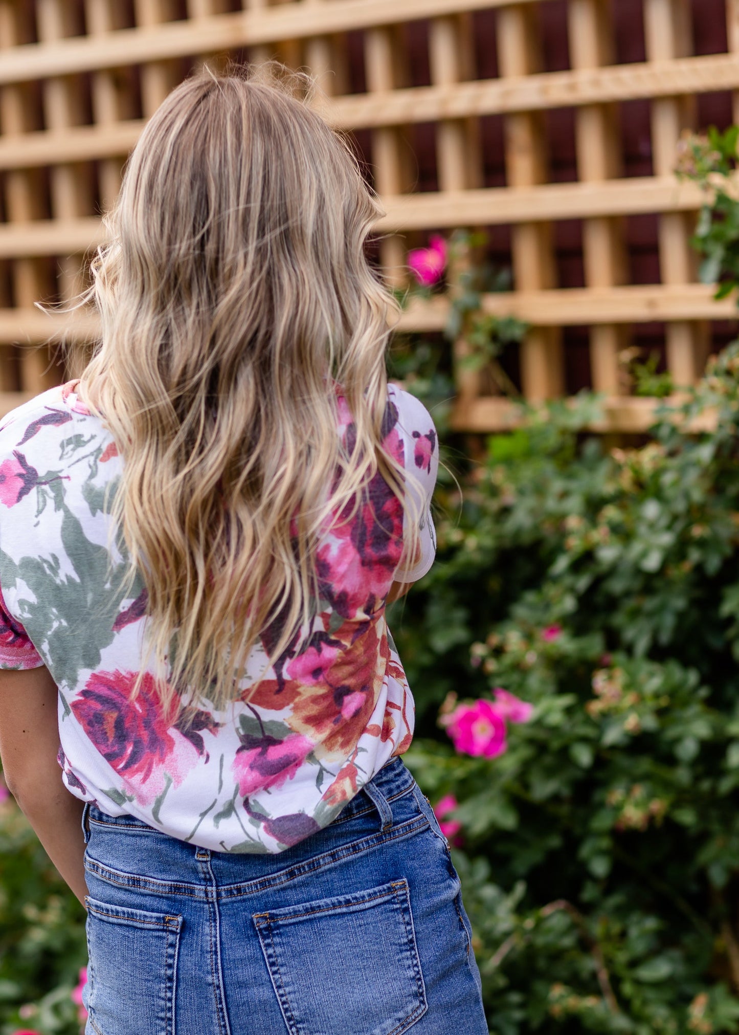 Ivory Round Neck Basic Floral Tee Tops