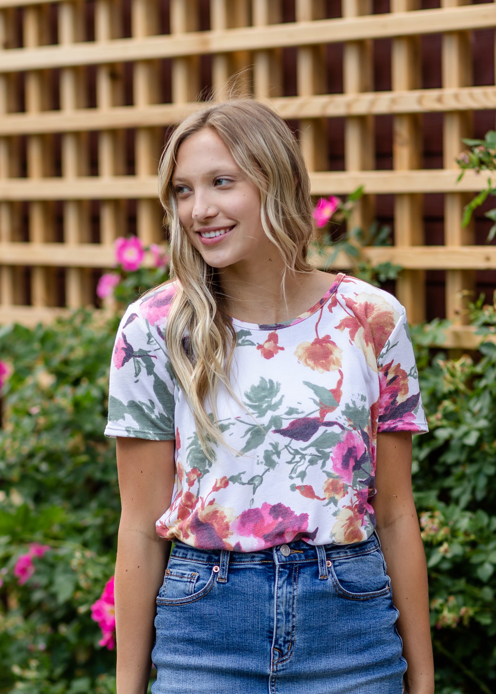 Ivory Round Neck Basic Floral Tee Tops