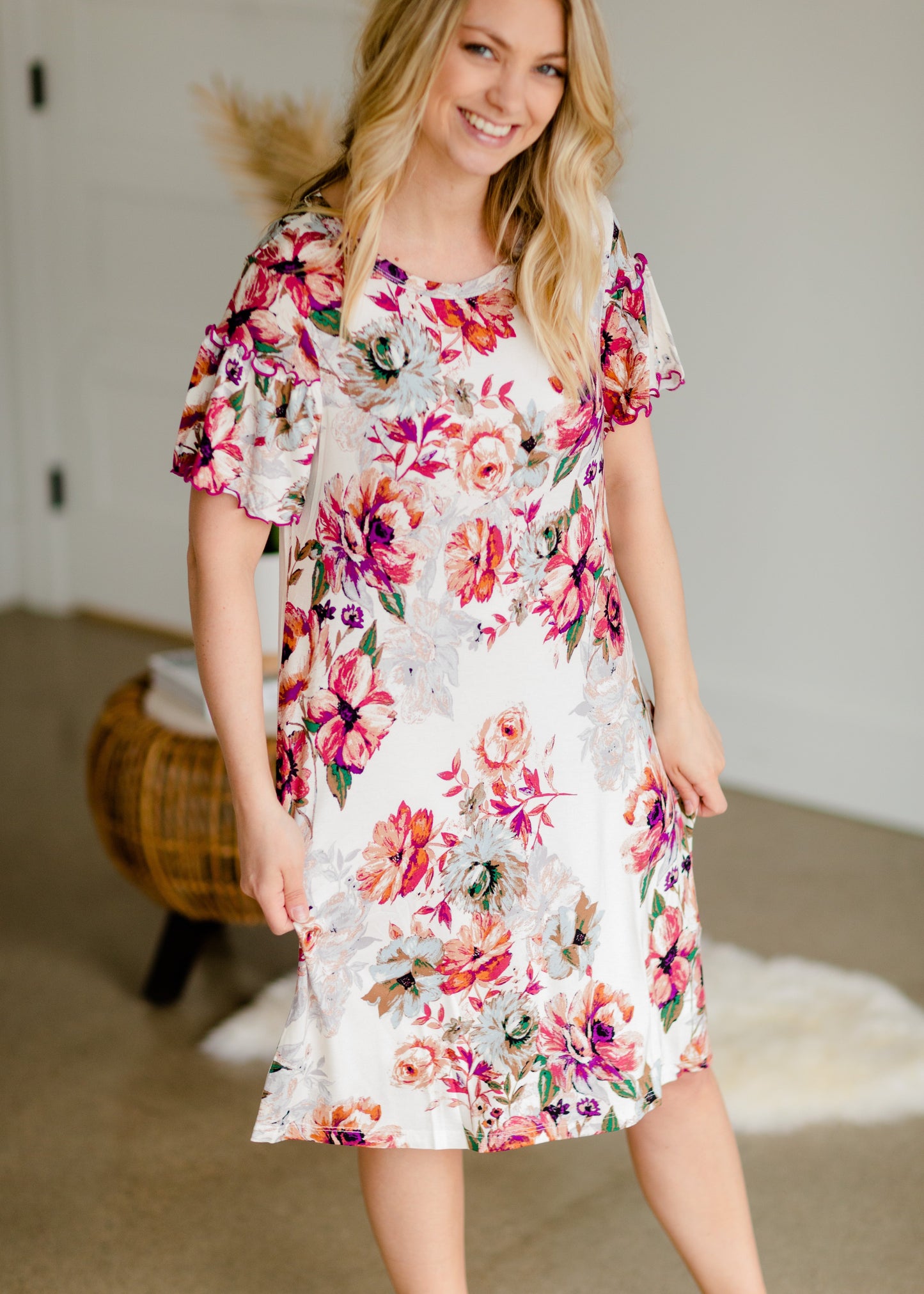 Ivory Ruffle Sleeve Floral Swing Midi Dress - FINAL SALE Dresses