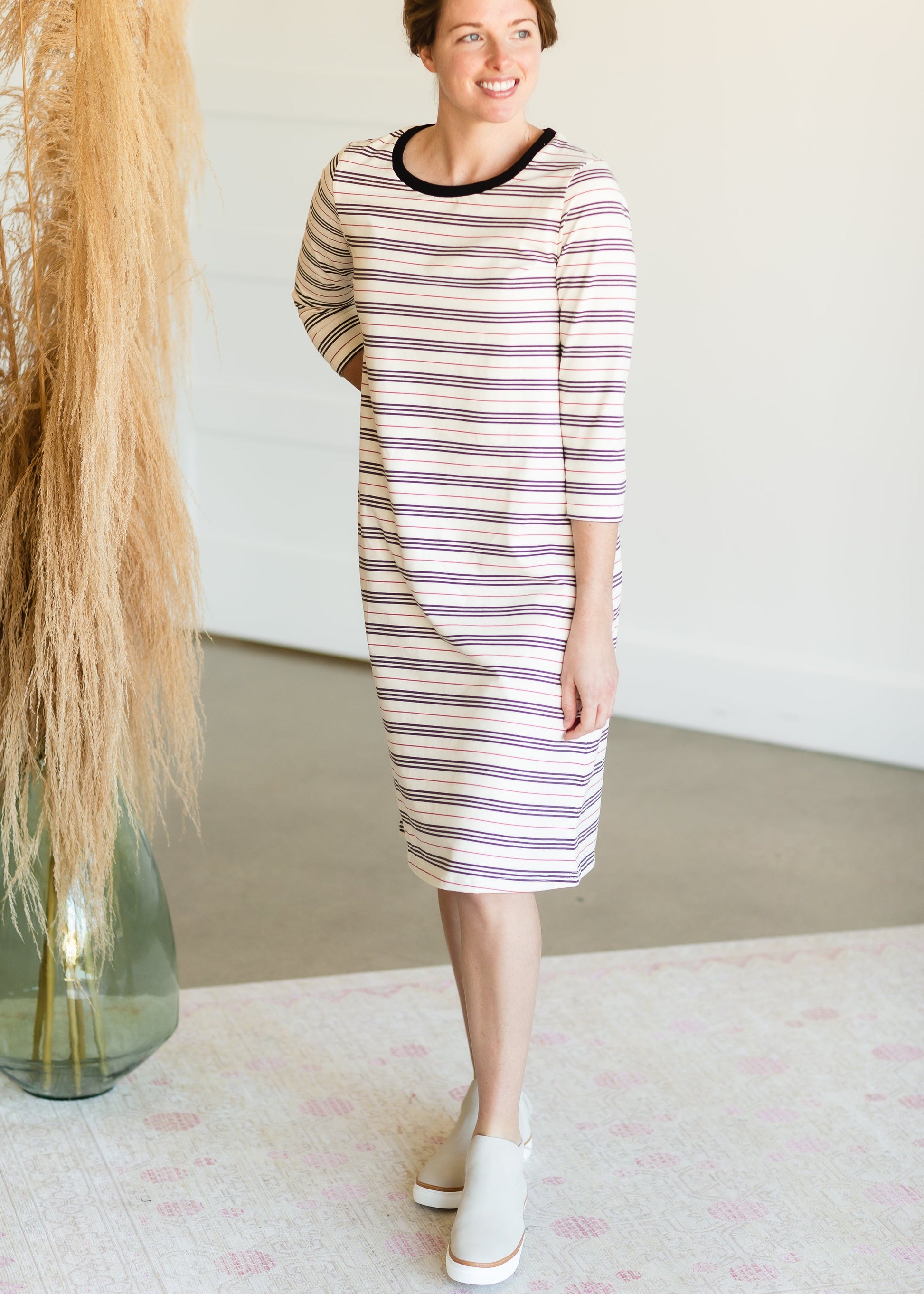 Ivory Striped Long Sleeve Midi Dress - FINAL SALE Dresses