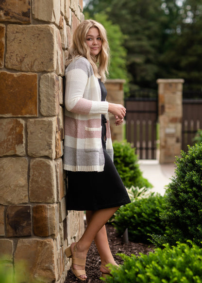 Ivory Textured Colorblock Cardigan Tops