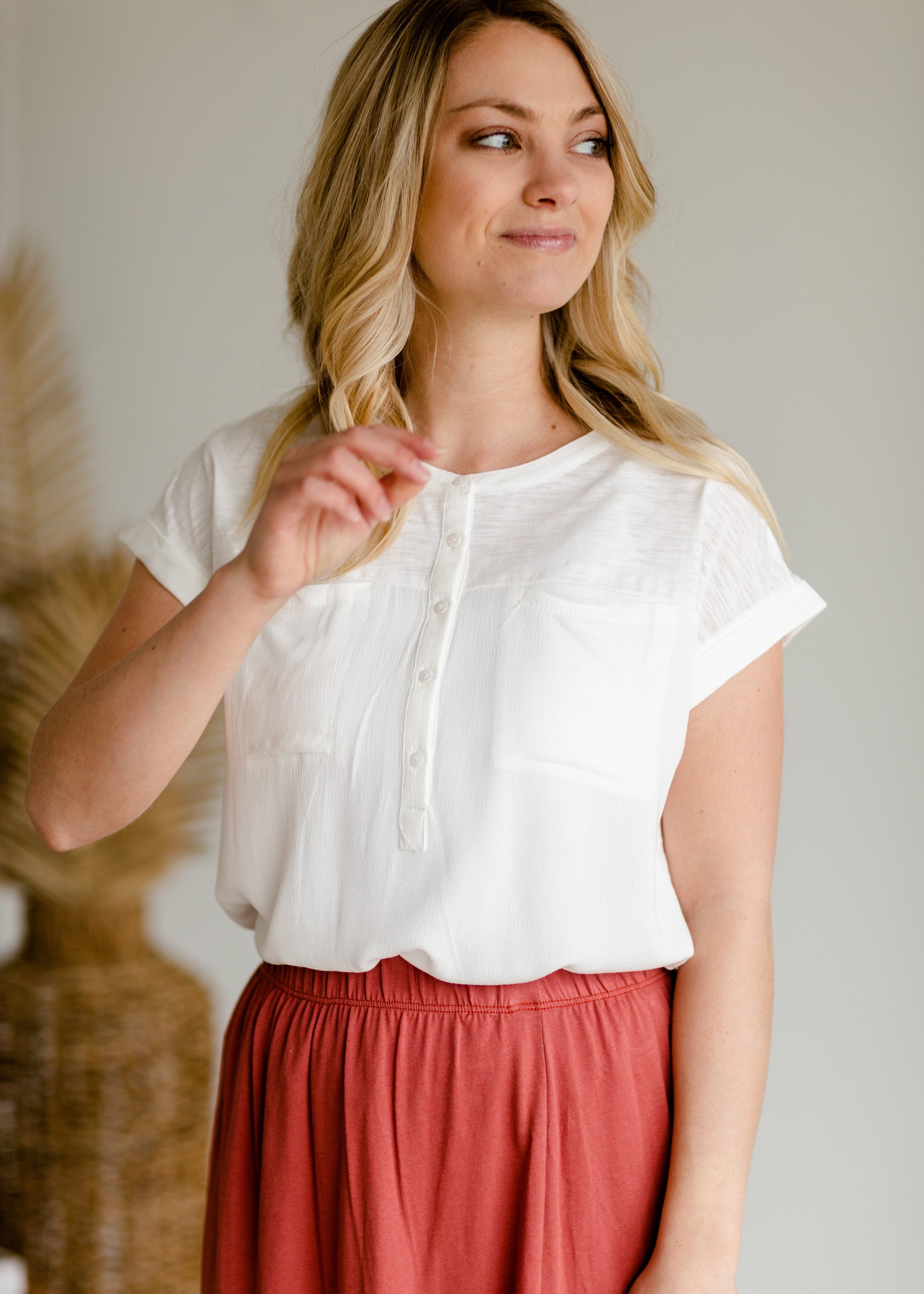 Ivory Woven Short Sleeve Top Tops
