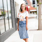 Modest cream tee with multi-colored floral detail 