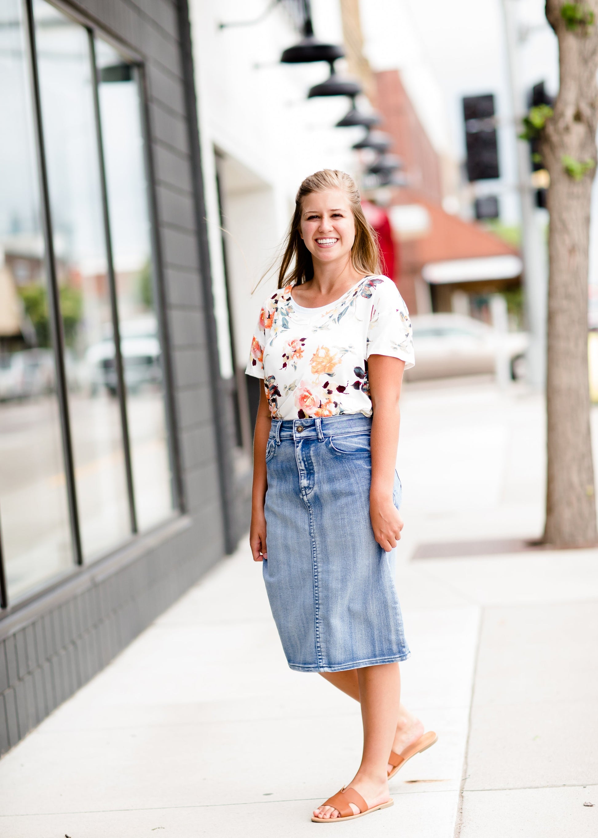 Modest cream tee with multi-colored floral detail 