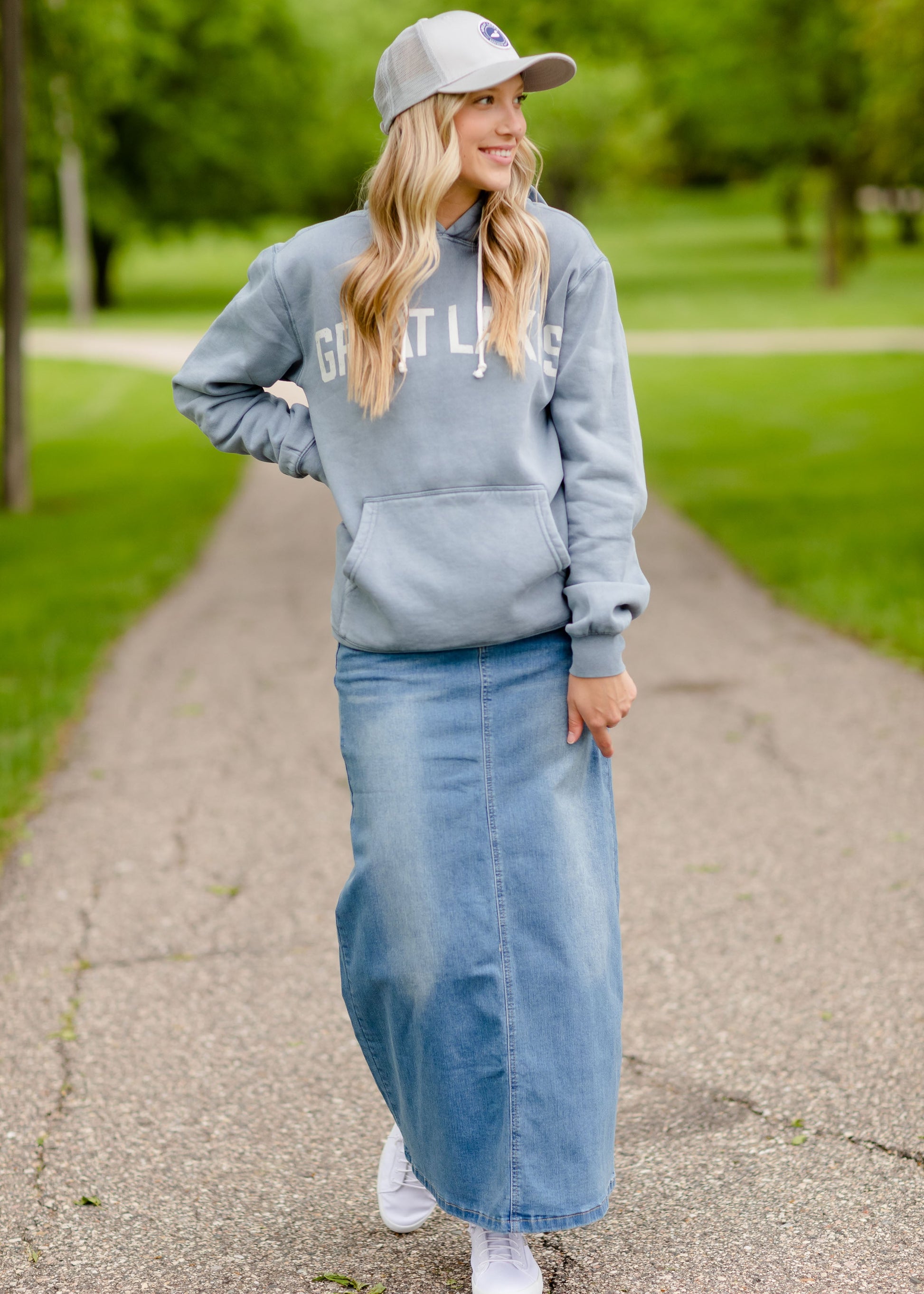Jessa Vintage Wash Button Front Long Denim Skirt Skirts