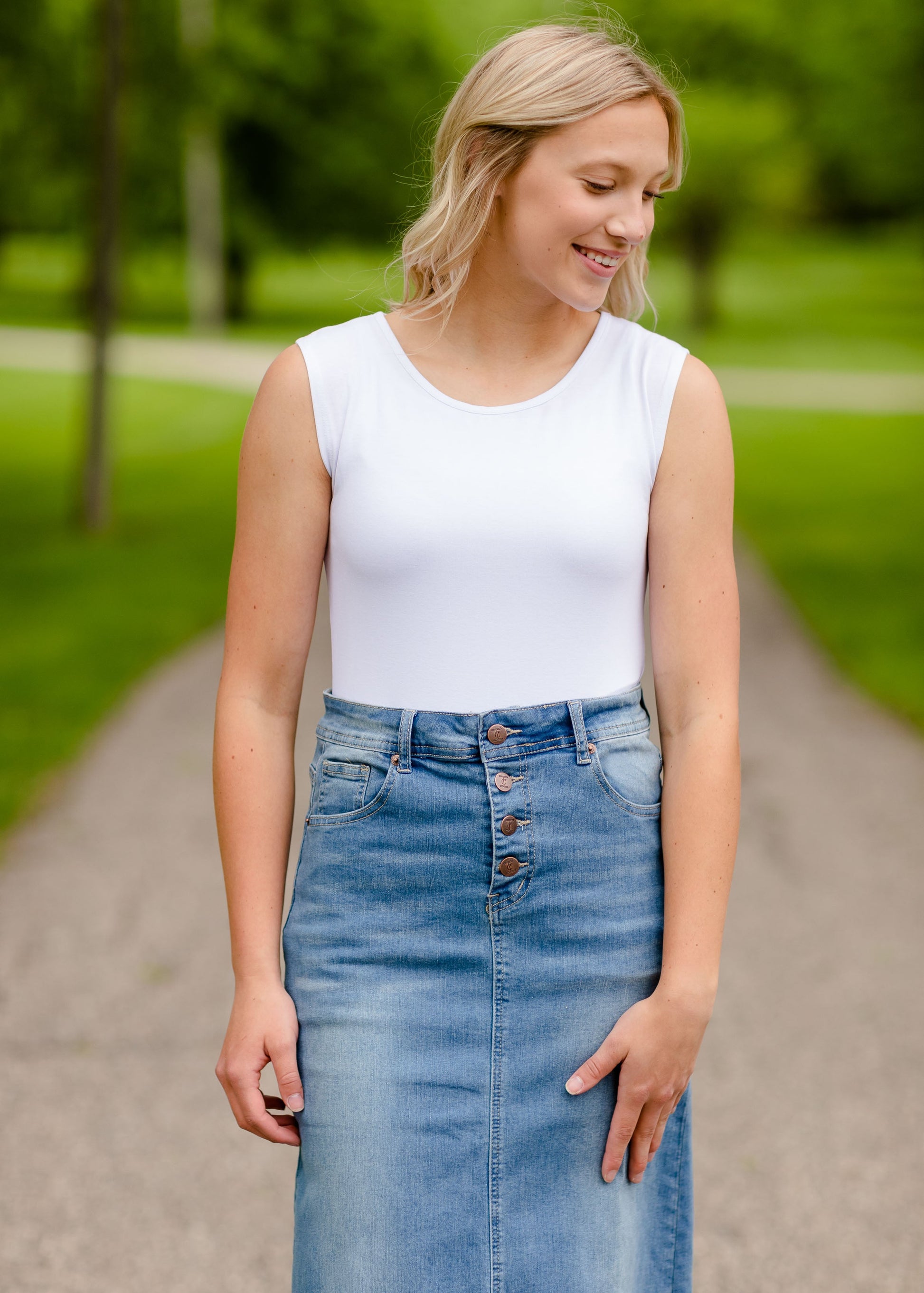 Jessa Vintage Wash Button Front Long Denim Skirt Skirts