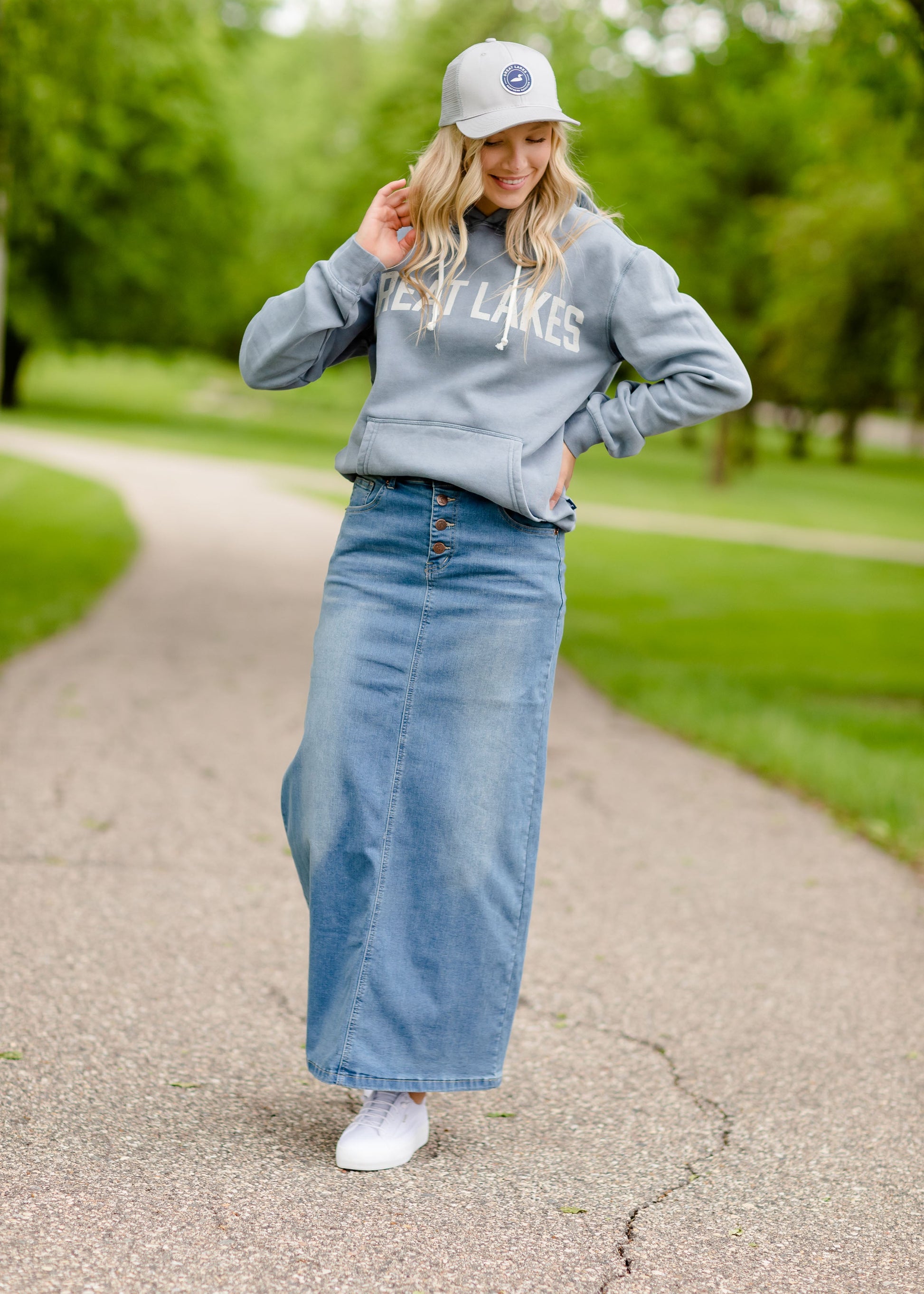 Jessa Vintage Wash Button Front Long Denim Skirt Skirts