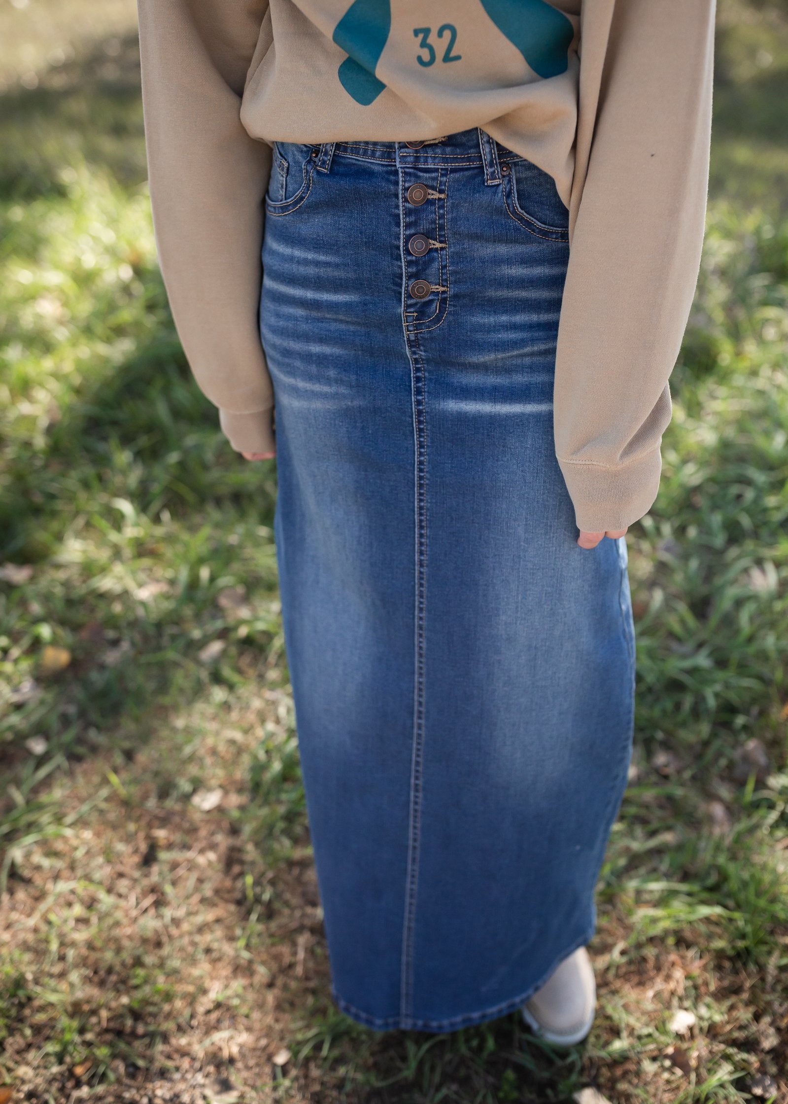 Jessa Vintage Wash Button Front Long Denim Skirt Skirts Inherit