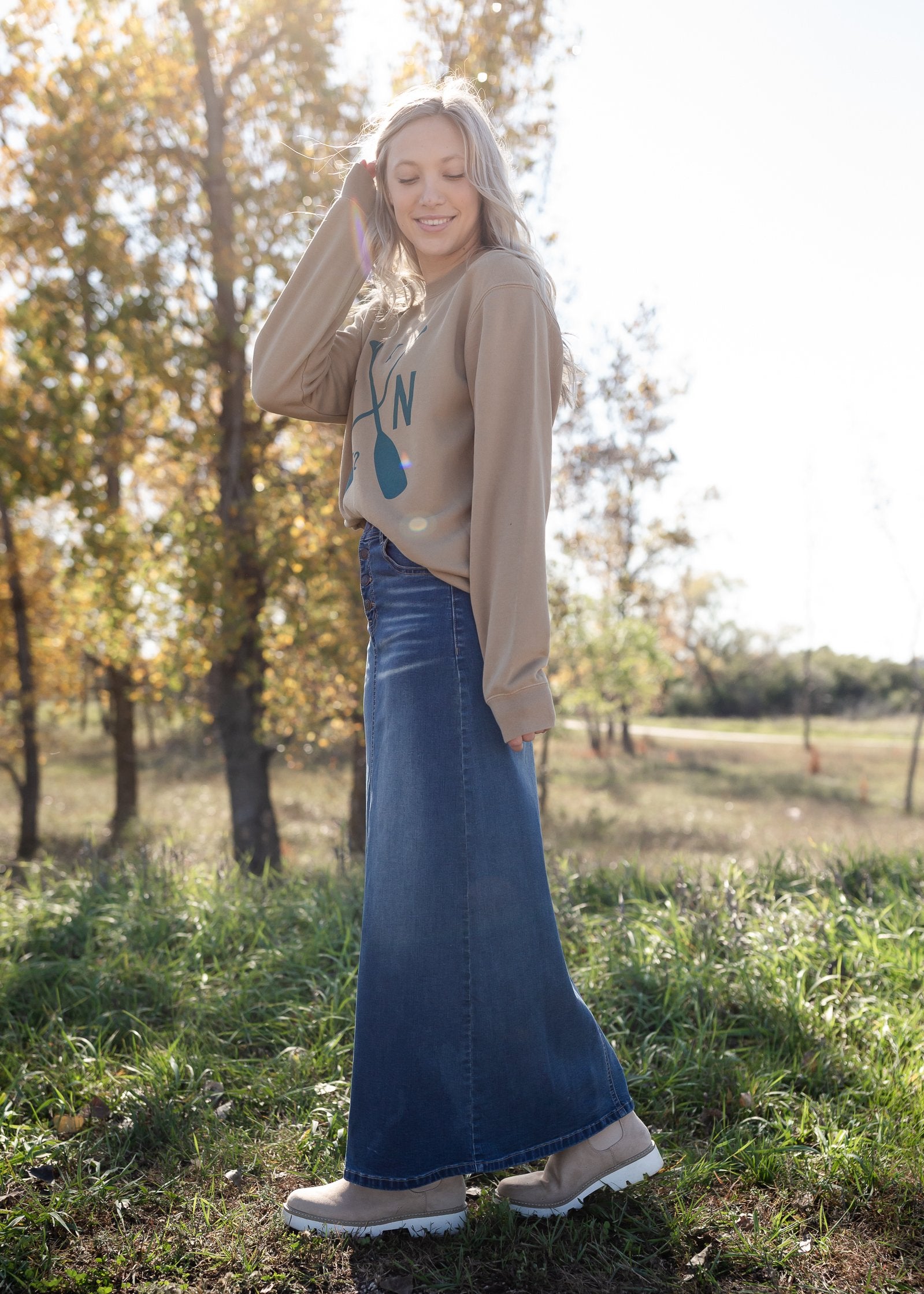 Jessa Vintage Wash Button Front Long Denim Skirt Skirts Inherit