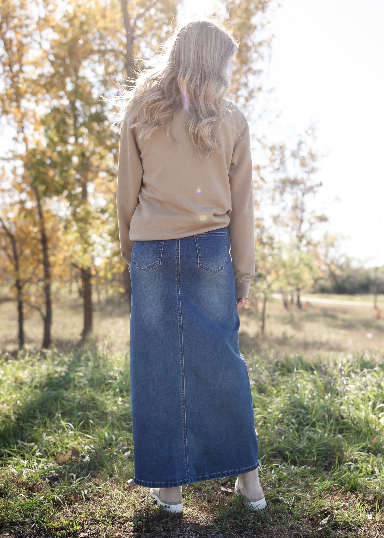 Jessa Vintage Wash Button Front Long Denim Skirt Skirts Inherit