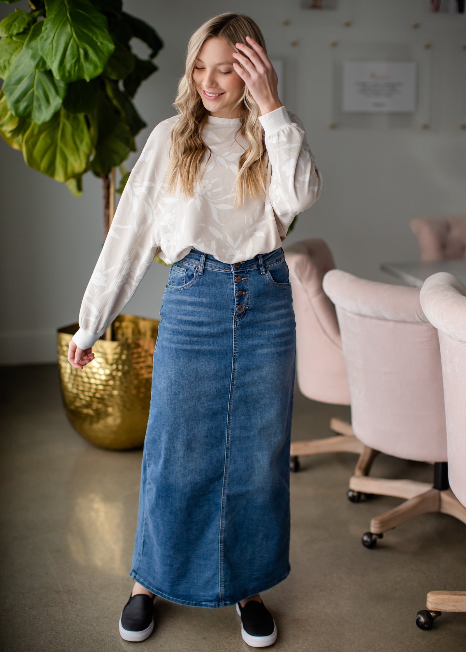 Jessa Vintage Wash Button Front Long Denim Skirt Skirts Inherit