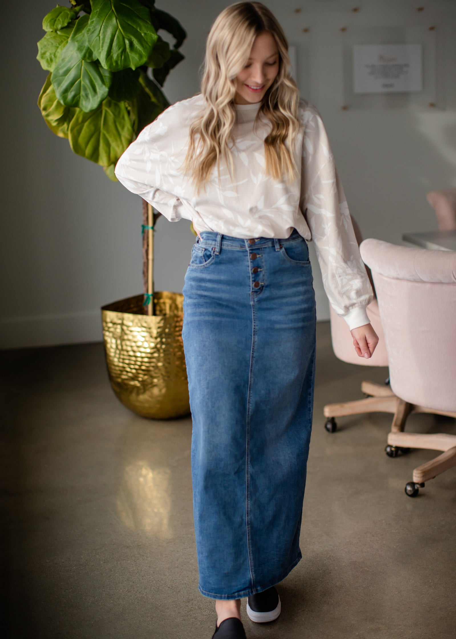 Jessa Vintage Wash Button Front Long Denim Skirt Skirts Inherit