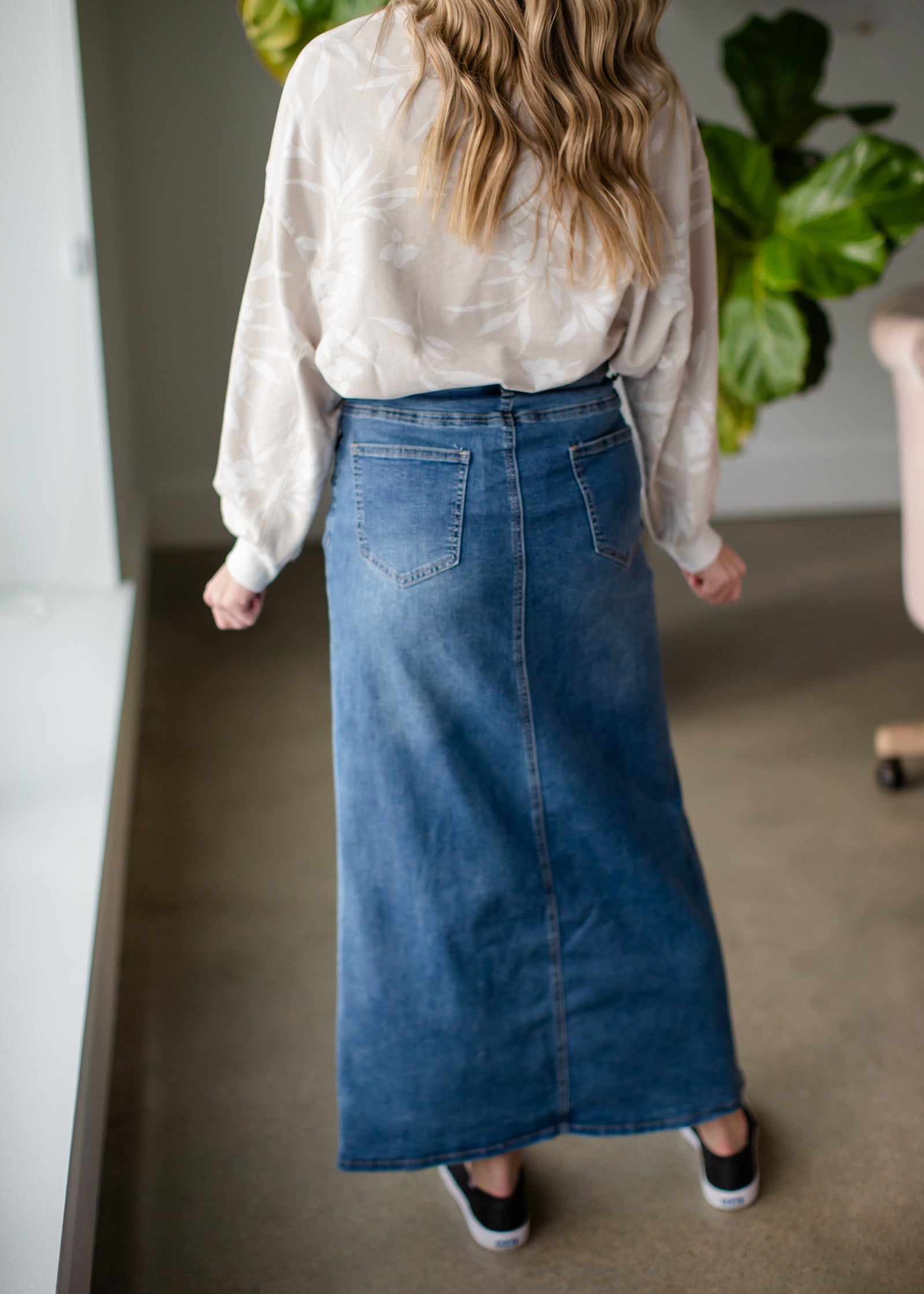 Jessa Vintage Wash Button Front Long Denim Skirt Skirts Inherit
