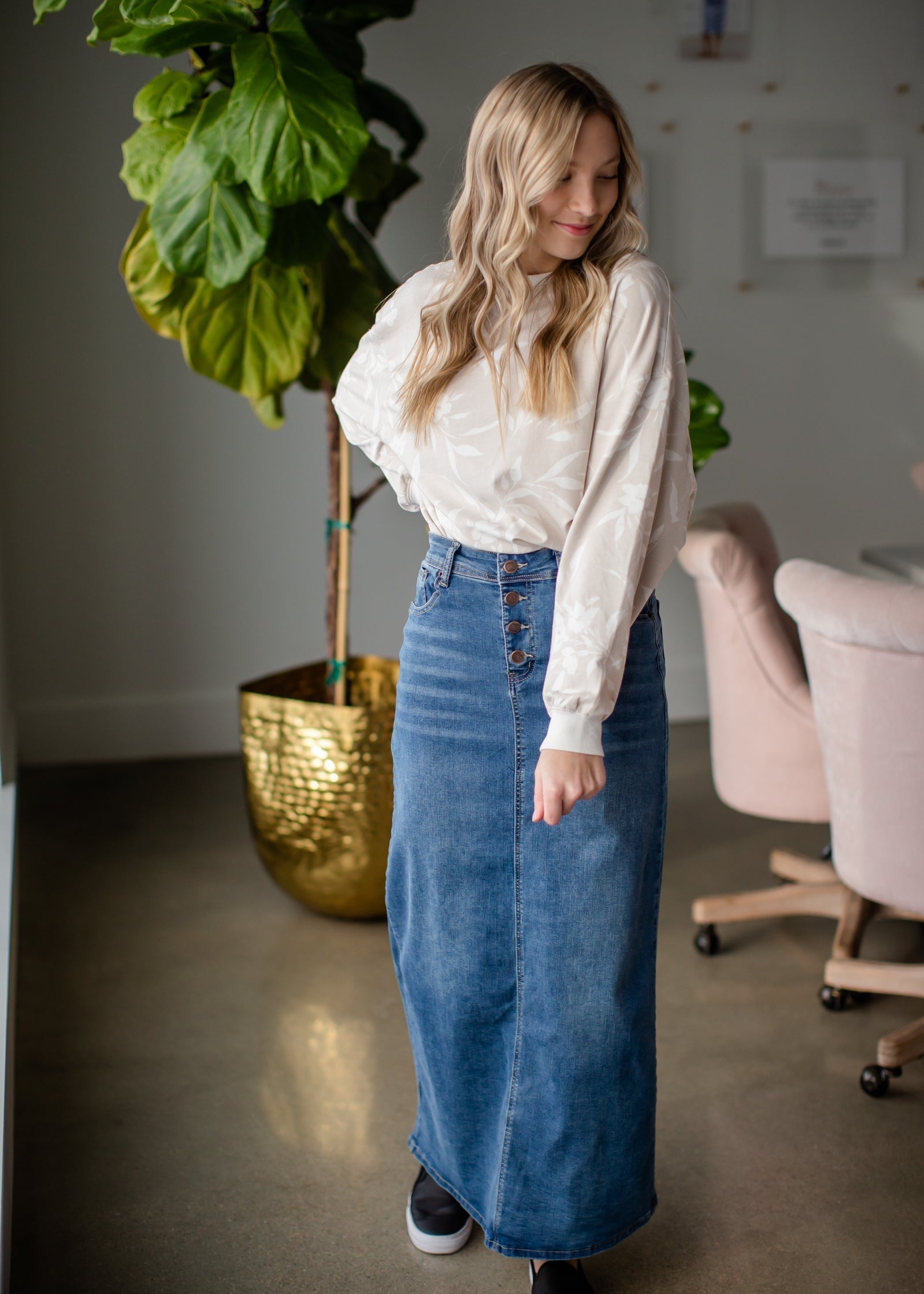 Jessa Vintage Wash Button Front Long Denim Skirt Skirts Inherit