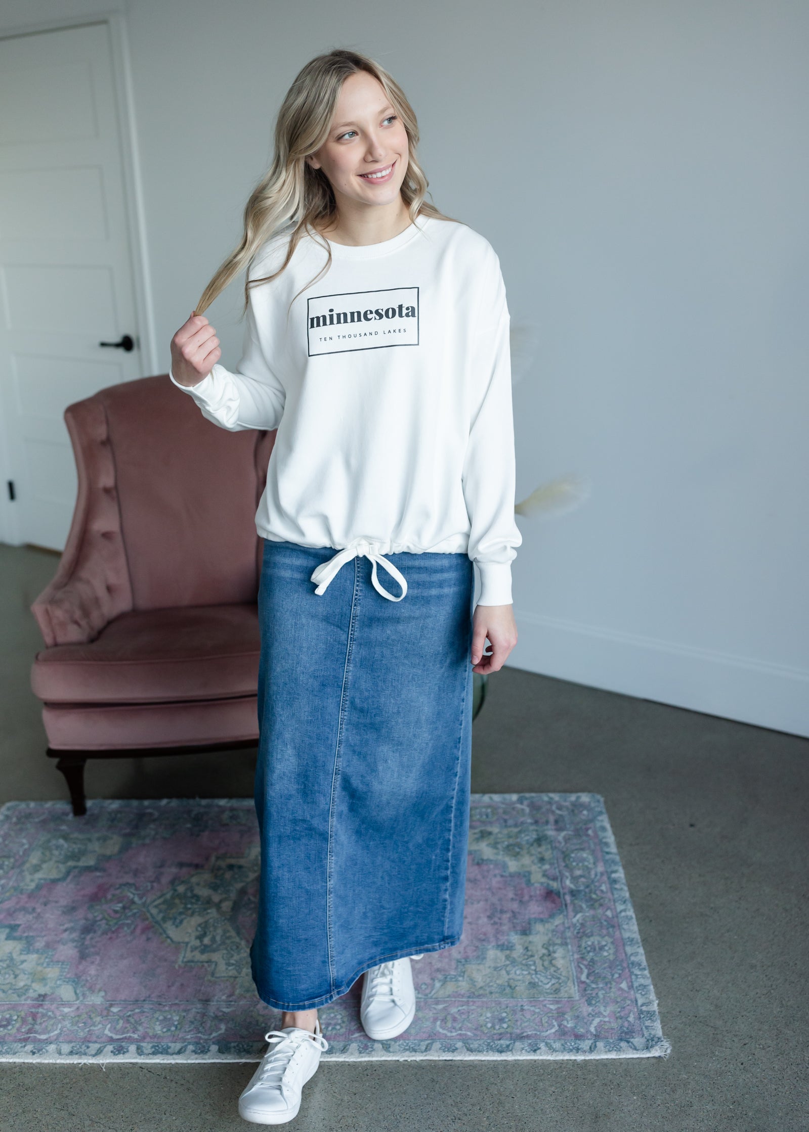 Jessa Vintage Wash Button Front Long Denim Skirt Skirts Inherit
