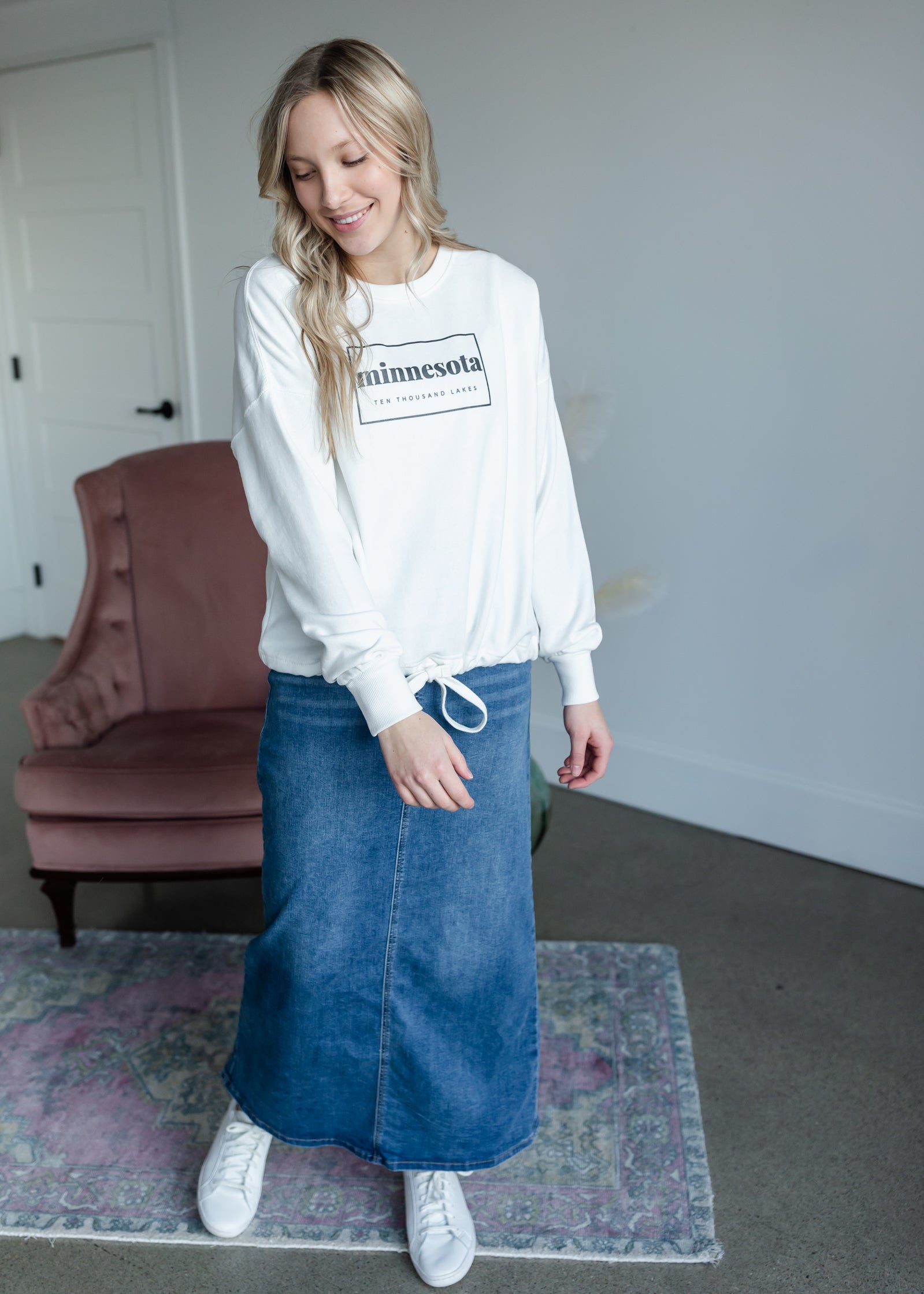 Jessa Vintage Wash Button Front Long Denim Skirt Skirts Inherit
