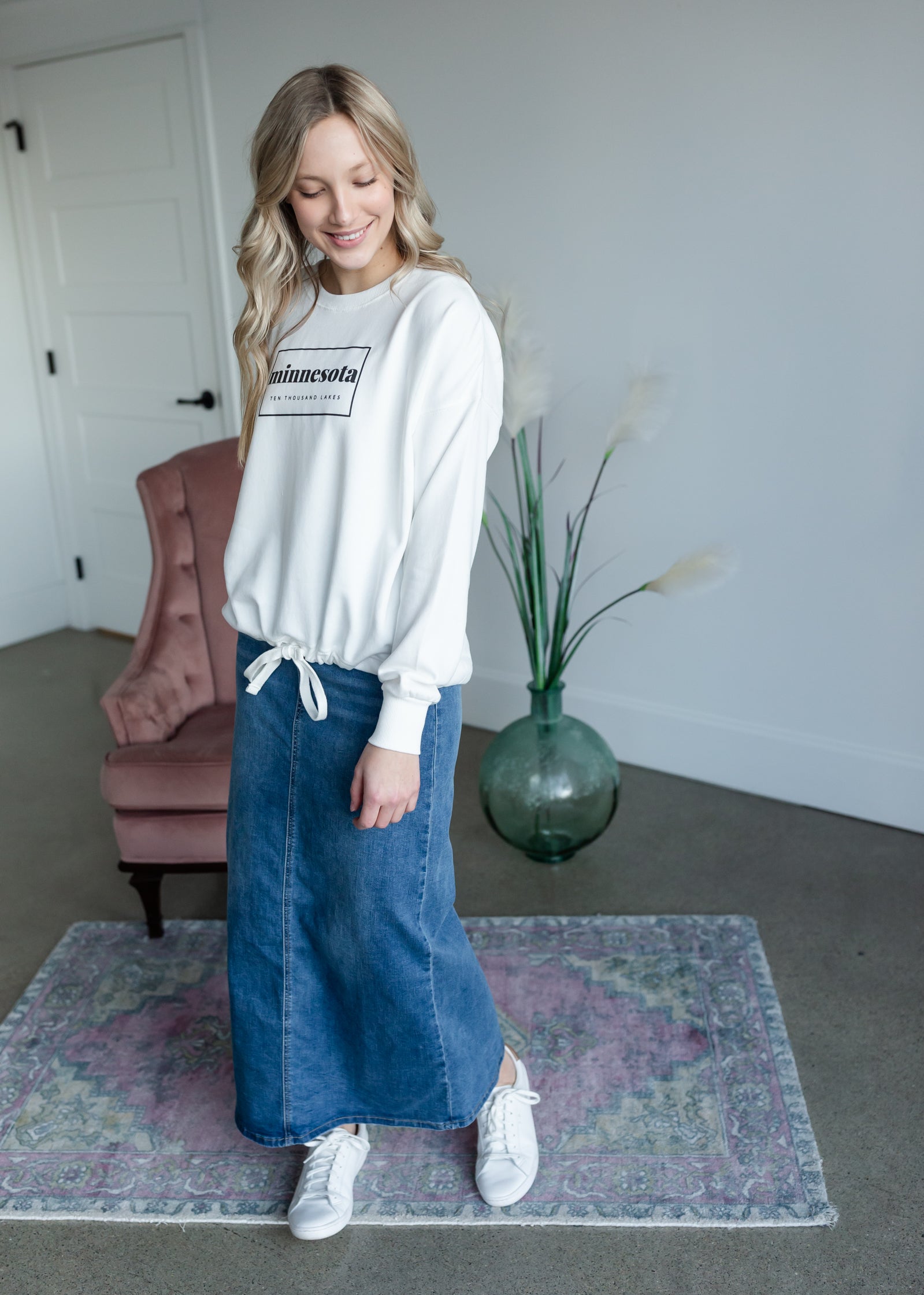 Jessa Vintage Wash Button Front Long Denim Skirt Skirts Inherit