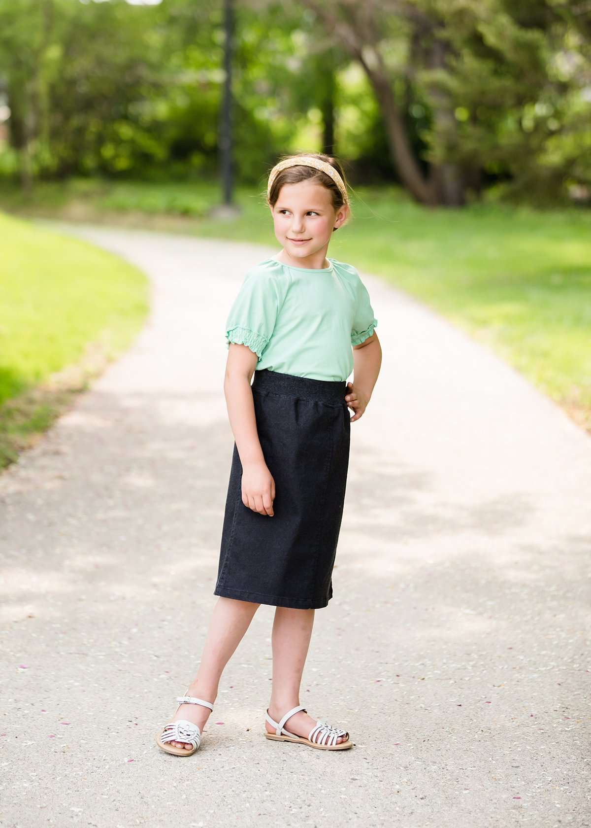 little girls modest purple, mint or black denim midi skirt