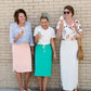 Emerald, coral, and gray midi and maxi modest skirts