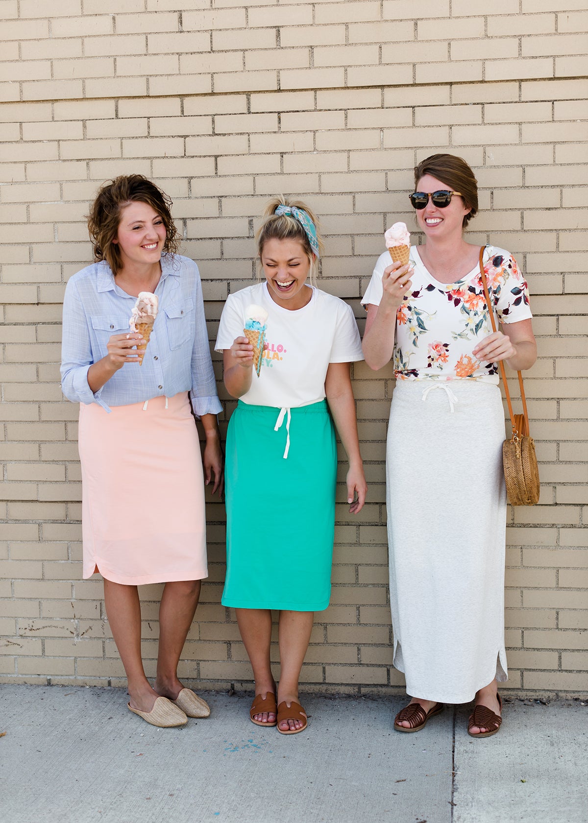 Emerald, coral, and gray midi and maxi modest skirts