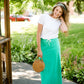 Emerald, coral, and gray midi and maxi modest skirts