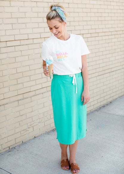 Emerald, coral, and gray midi and maxi modest skirts