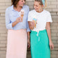 Emerald, coral, and gray midi and maxi modest skirts