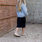 girls knit stretch waist midi skirt in black, gray or tan