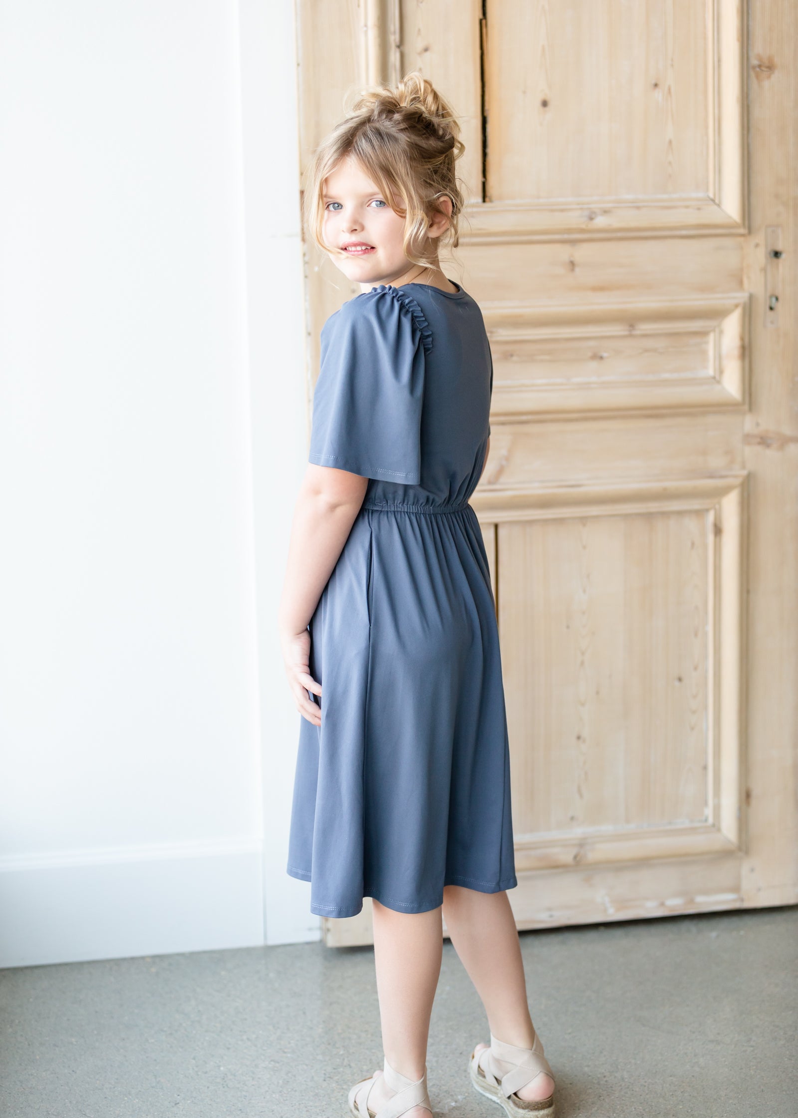 Kinsley Girls Dusty Blue Flutter Sleeve Midi Dress Dresses Dongguan Haohoo Clothing