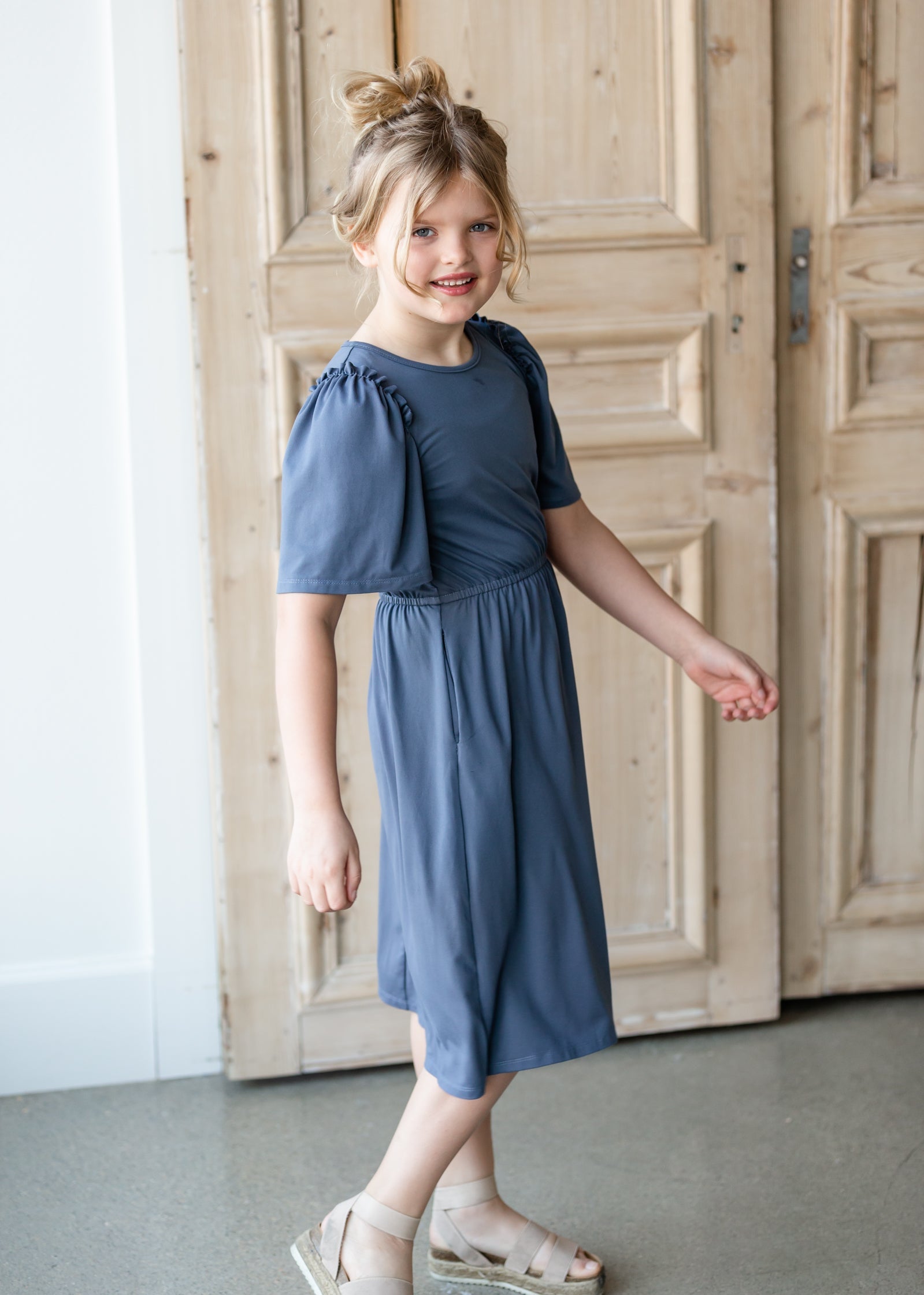 Kinsley Girls Dusty Blue Flutter Sleeve Midi Dress Dresses Dongguan Haohoo Clothing