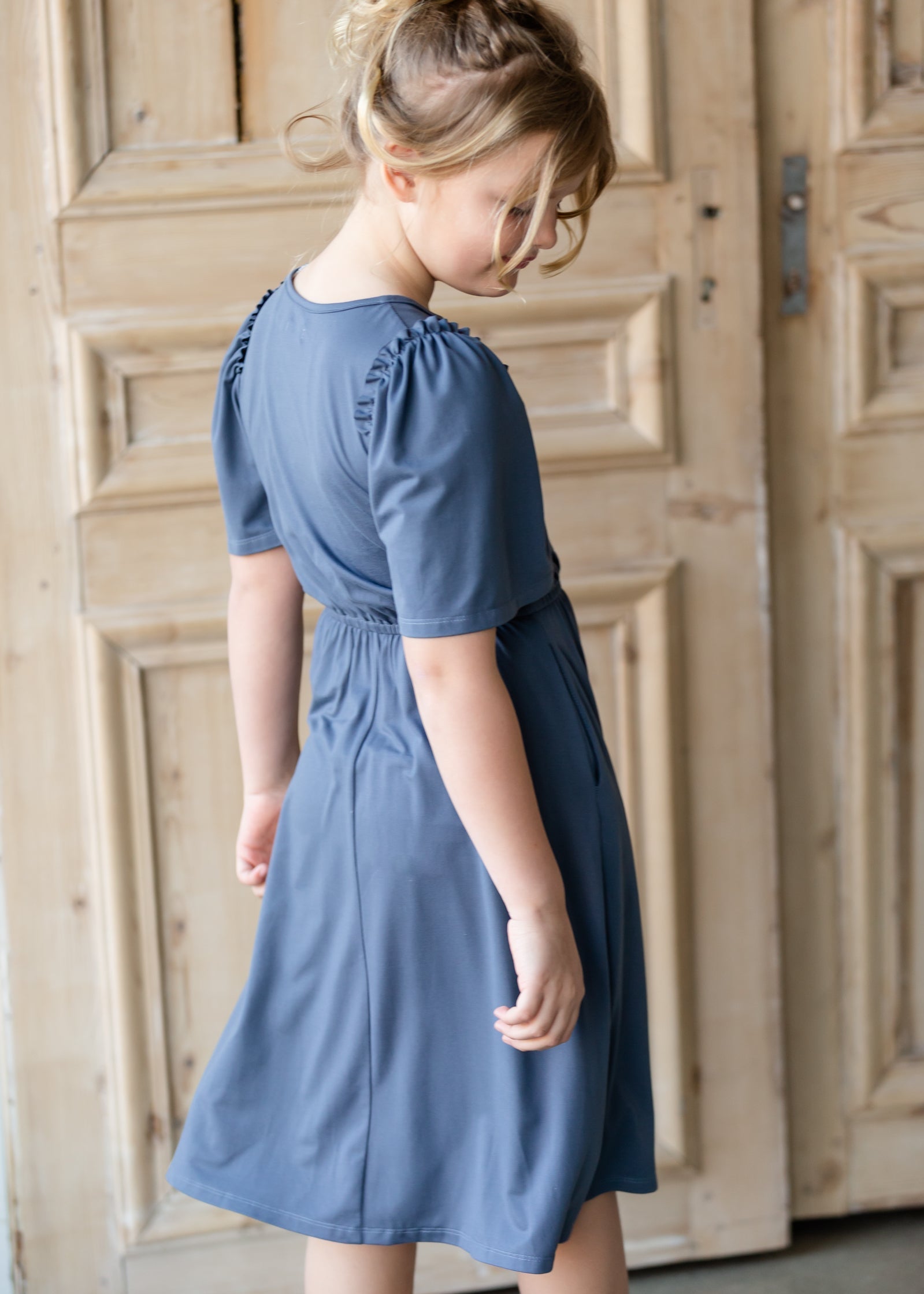 Kinsley Girls Dusty Blue Flutter Sleeve Midi Dress Dresses Dongguan Haohoo Clothing