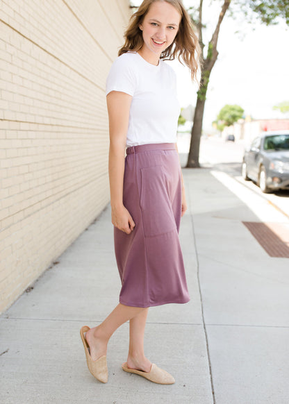 Mauve and Black Knit Midi Skirt With Pockets 