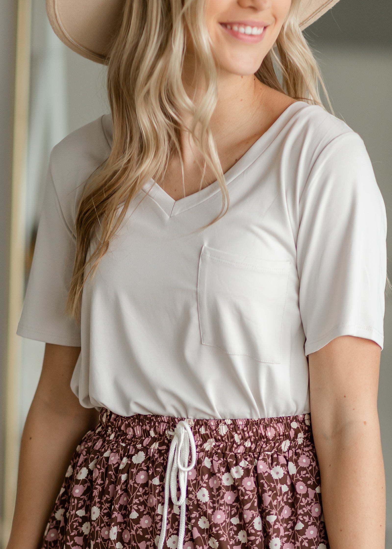 Knit V-Neck Front Pocket Tee Shirt Zenana Ivory / S