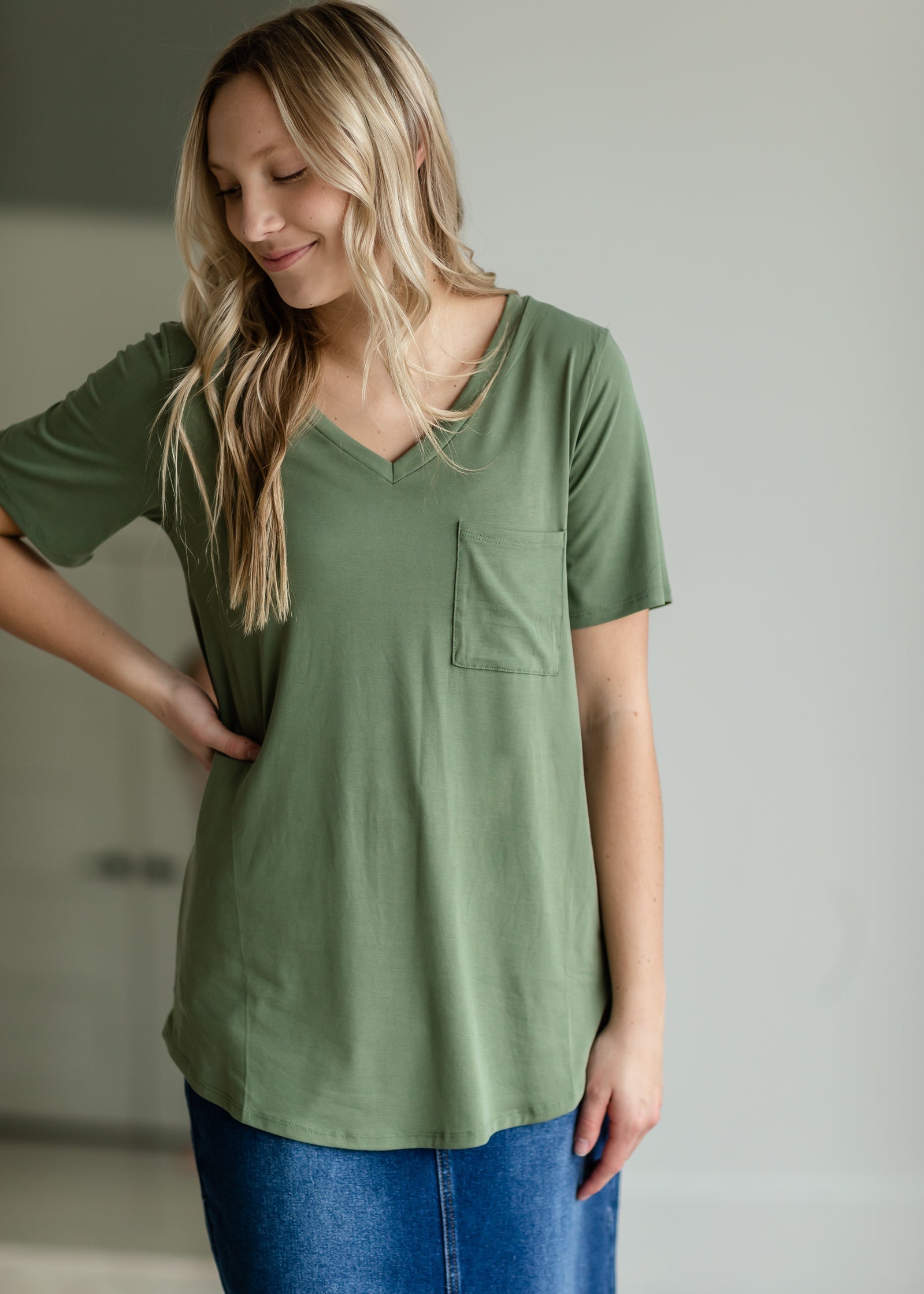 Knit V-Neck Front Pocket Tee Shirt Zenana