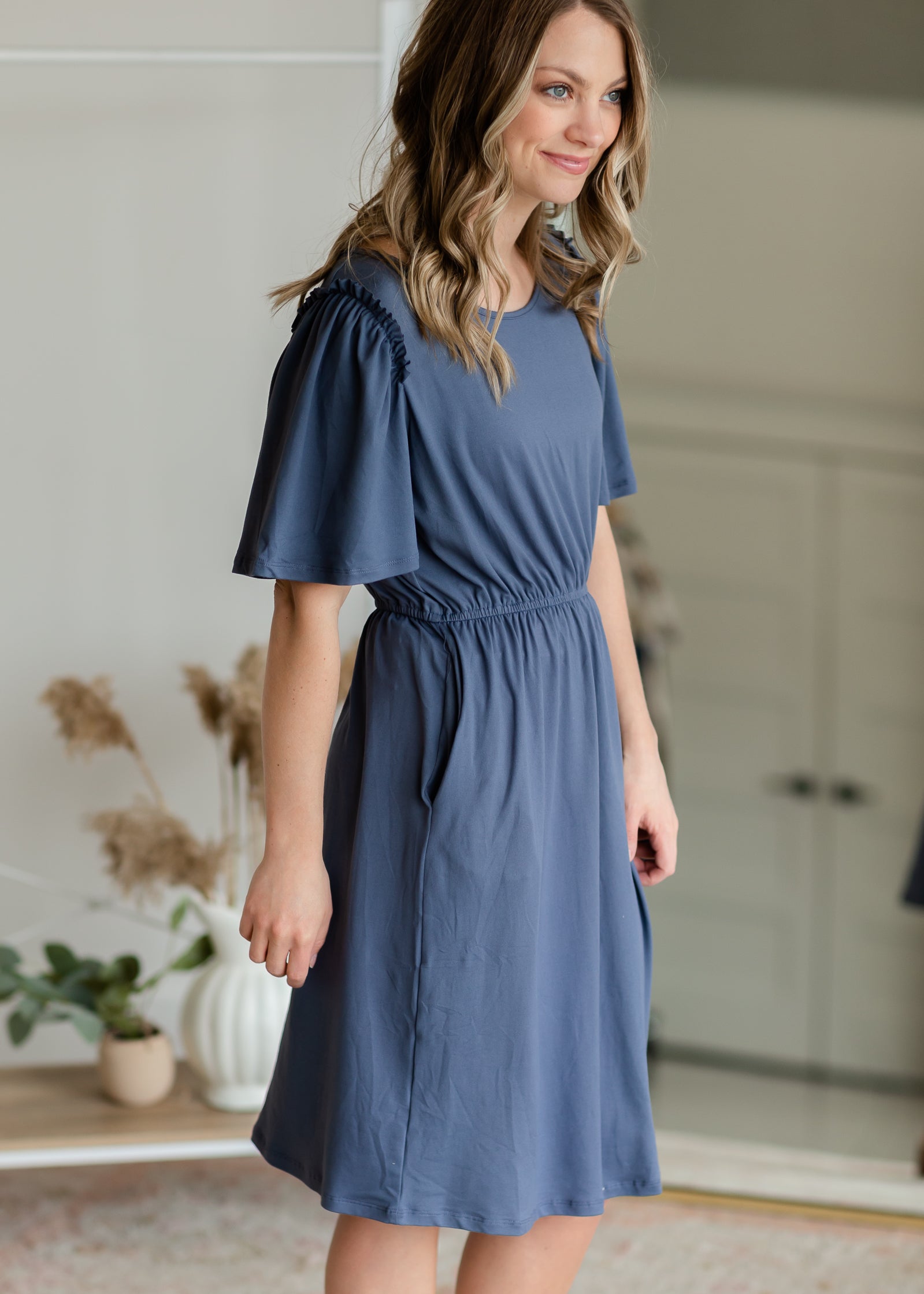 Kylie Dusty Blue Flutter Sleeve Midi Dress Dresses Dongguan Haohoo Clothing