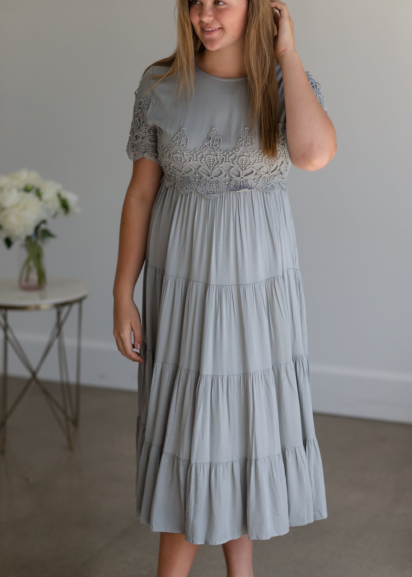 Lace Detailed Tiered Midi Dress - FINAL SALE Dresses Blue / S