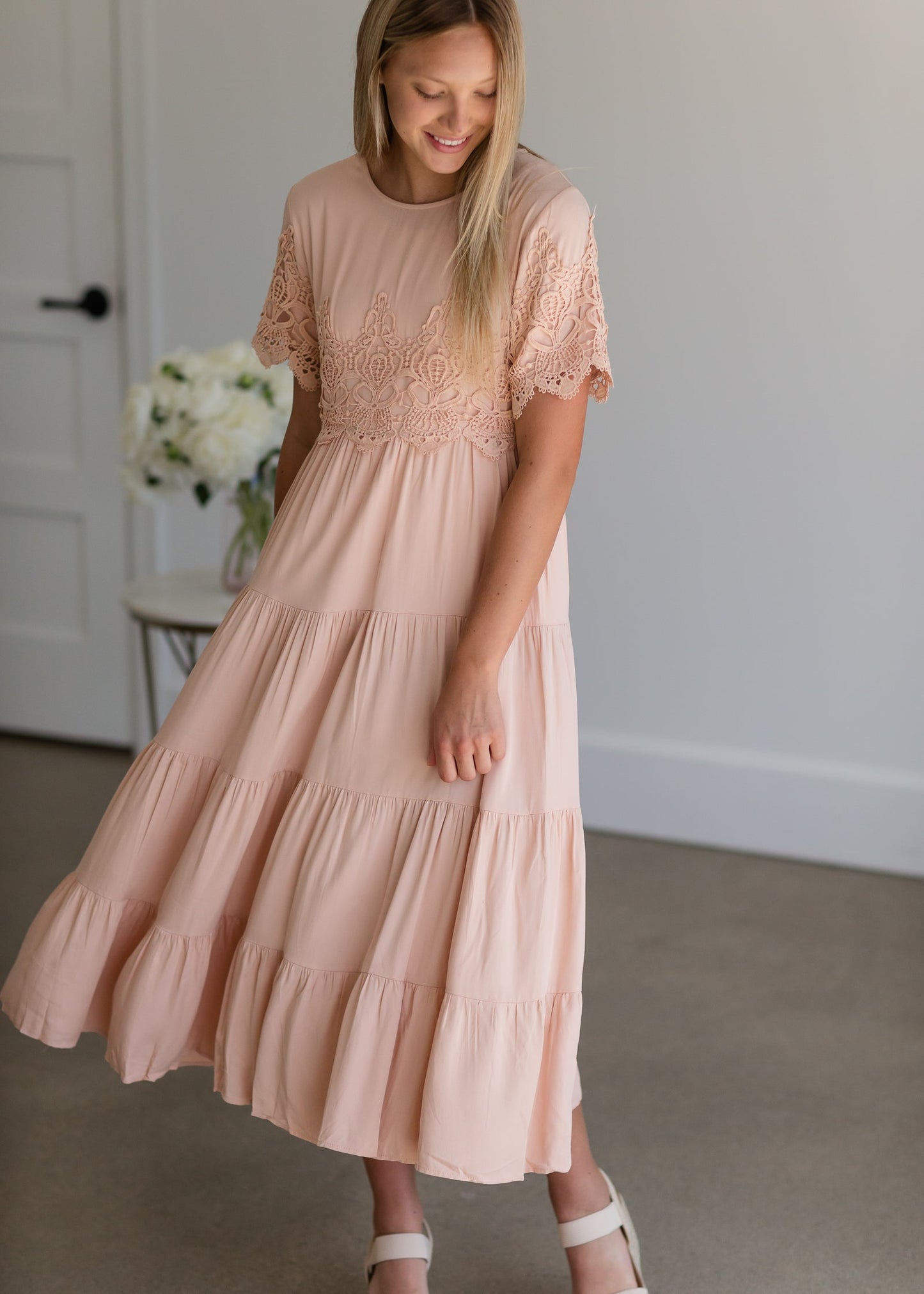 Lace Detailed Tiered Midi Dress - FINAL SALE Dresses Pink / S