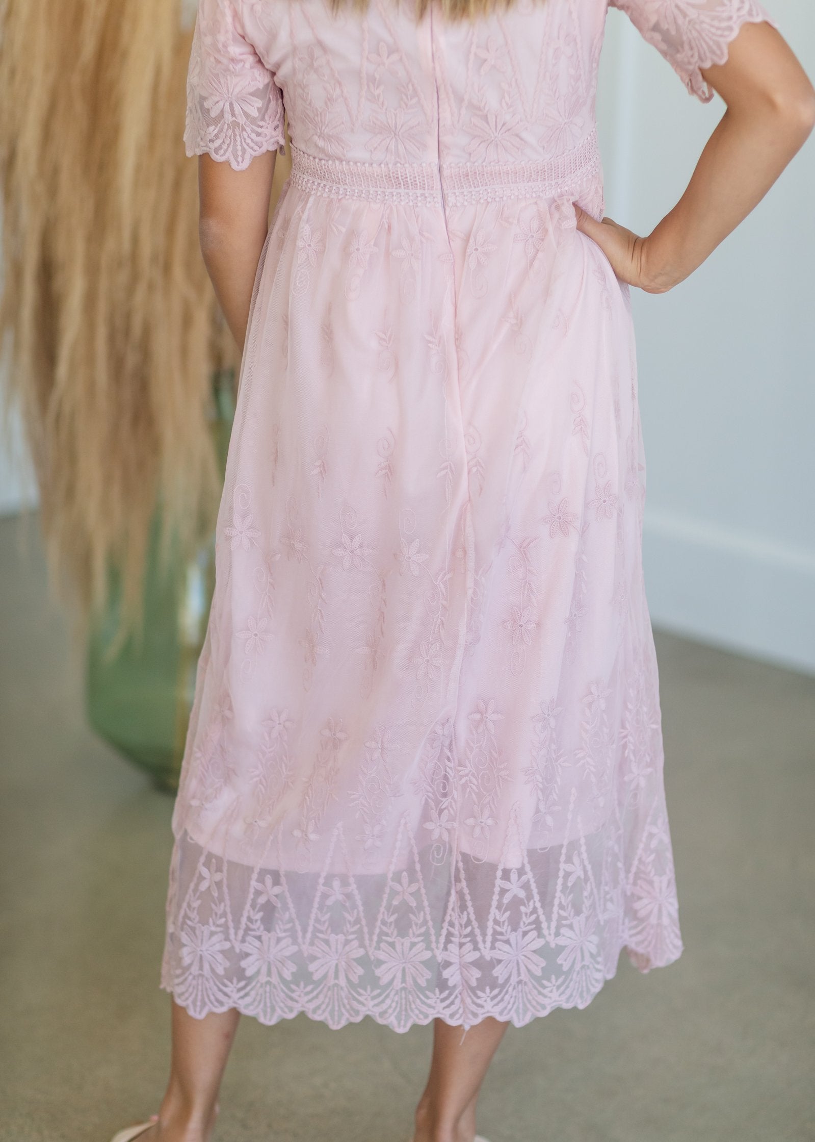 Lace Embroidered Dusty Pink Midi Dress Dresses Pologram