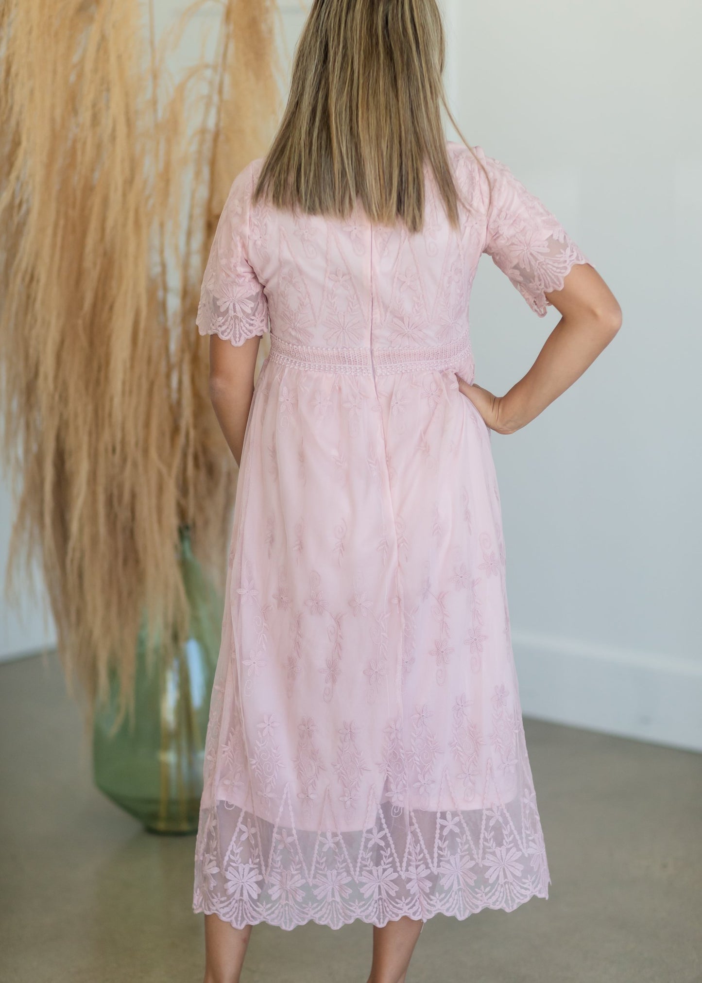 Lace Embroidered Dusty Pink Midi Dress Dresses Pologram
