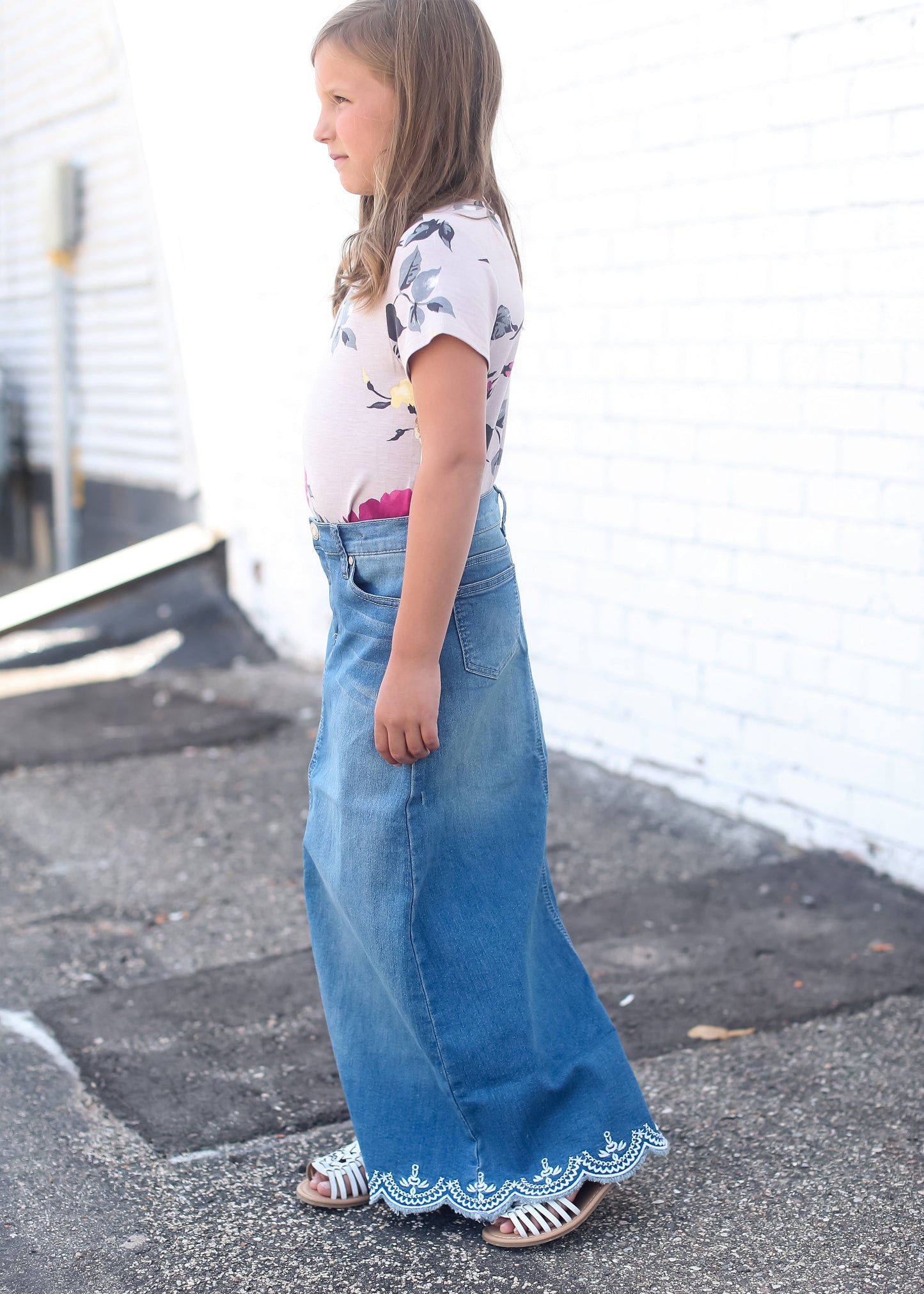 Girls long denim skirt with lace detail and no slit