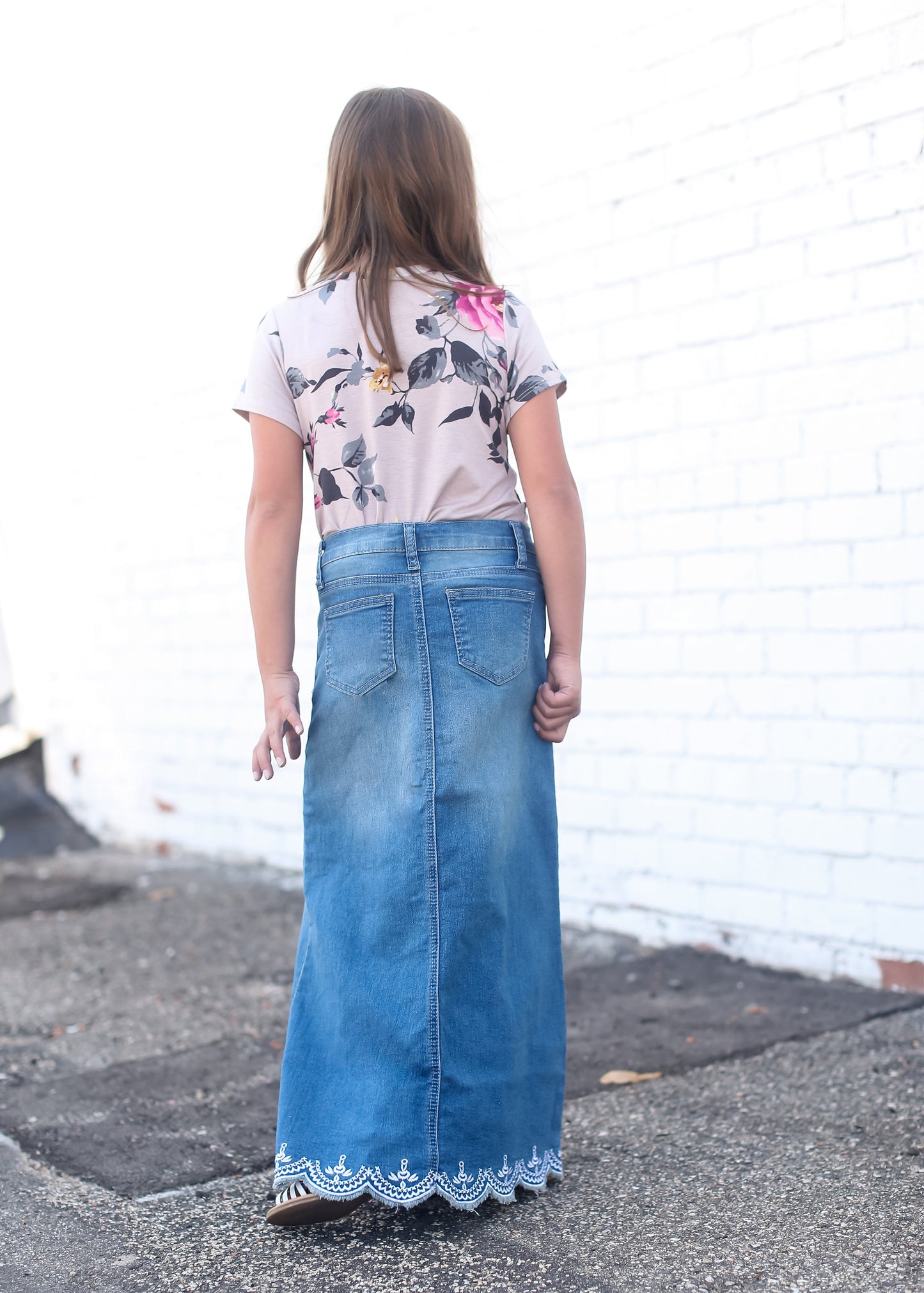 Girls long denim skirt with lace detail and no slit