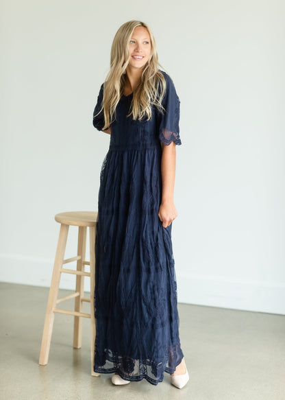 Lace Overlay Bell Sleeve Maxi Dress - FINAL SALE Dresses Blue / S/M