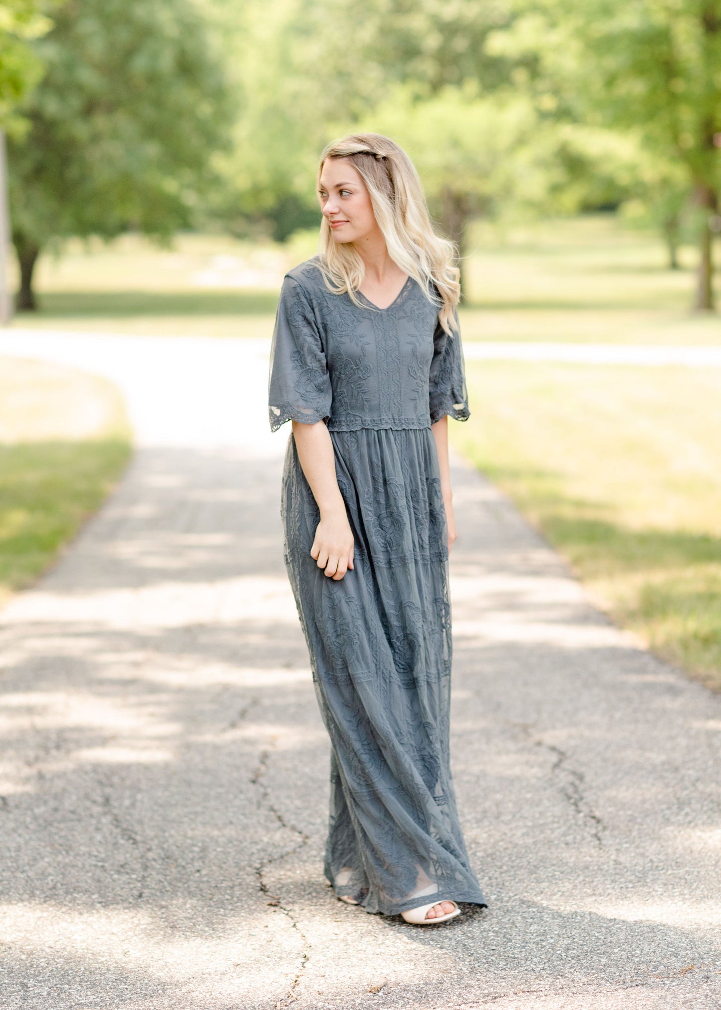 Lace Overlay Bell Sleeve Maxi Dress - FINAL SALE Dresses Charcoal / S/M