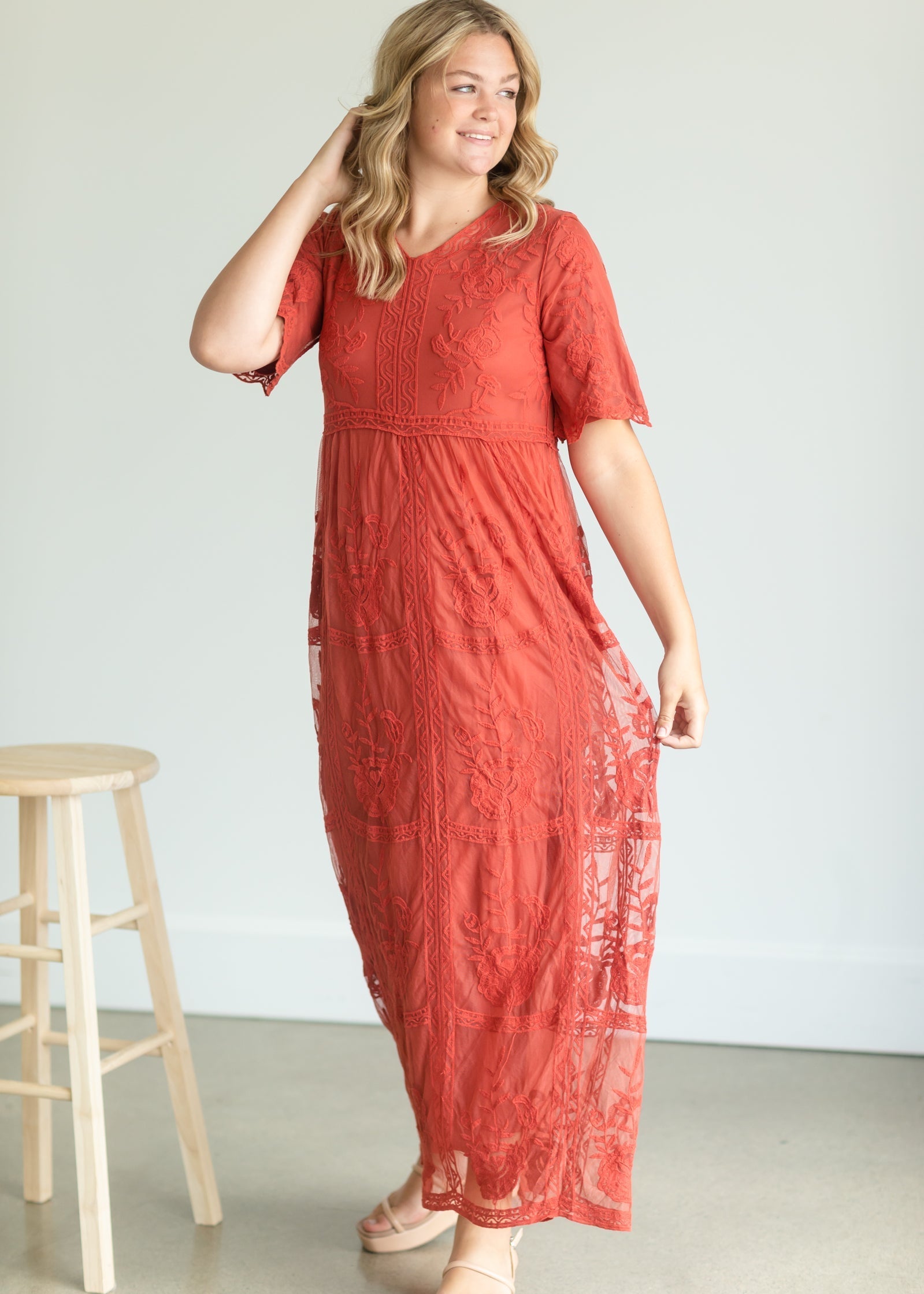 Lace Overlay Bell Sleeve Maxi Dress - FINAL SALE Dresses Orange / S/M